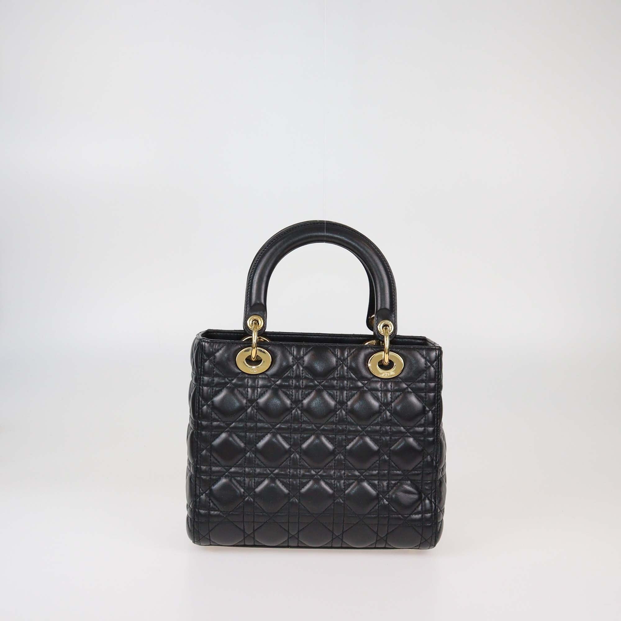 Christian Dior Black Cannage Lady Dior Medium Leather Handle Bag Womens Christian Dior