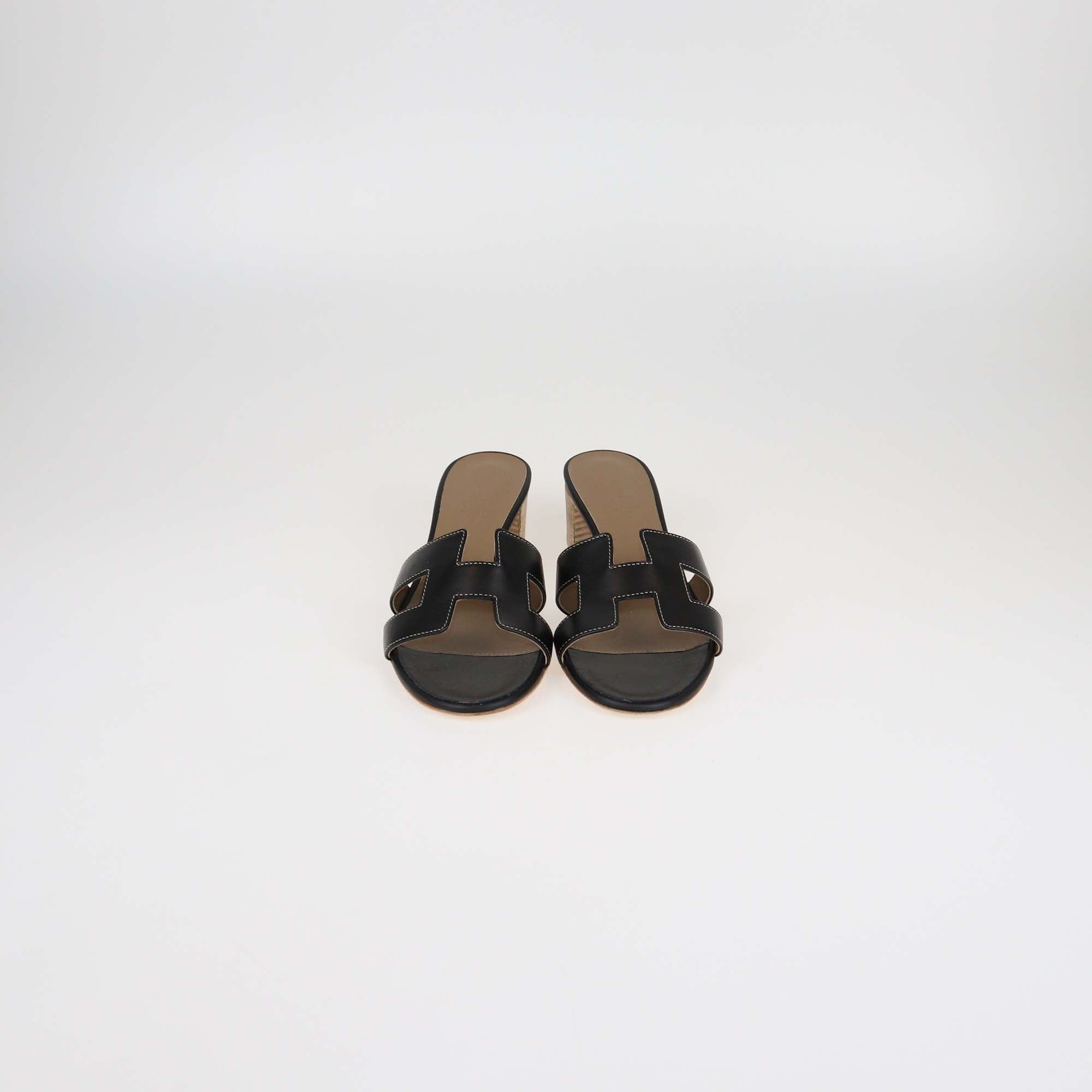 Hermes Black Leather Oasis Sandals