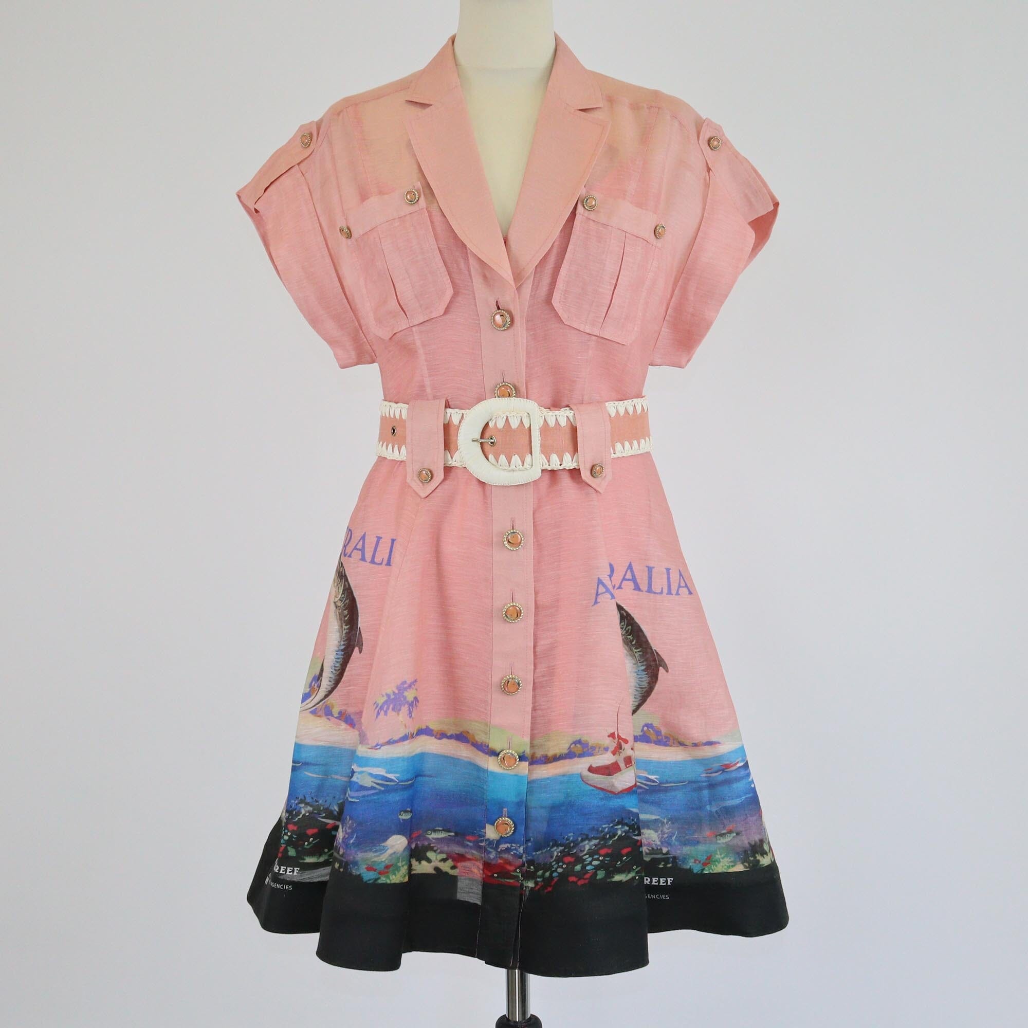 Zimmermann Pink Great Barrier Coral Reef Print Belted Midi Dress Womens Zimmermann
