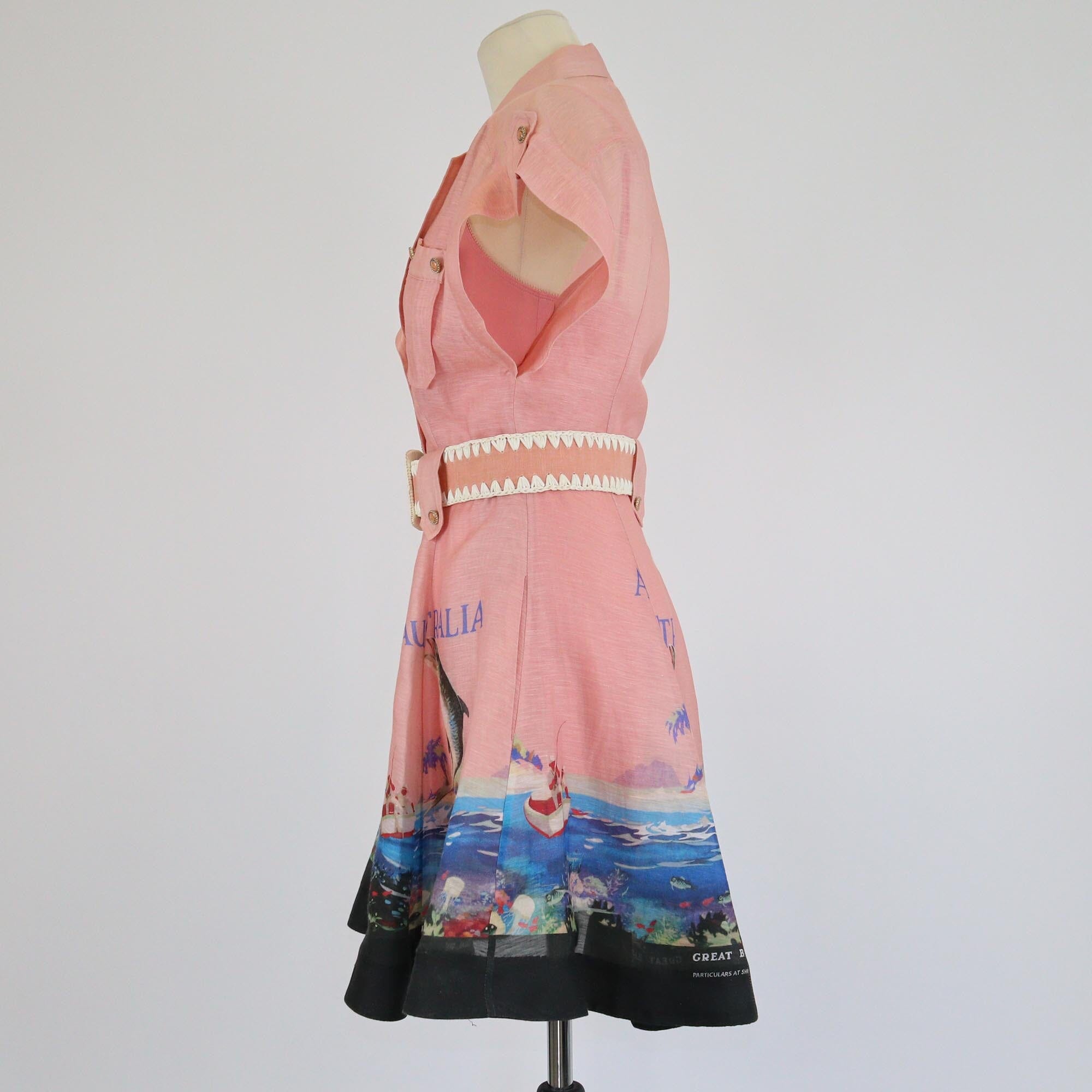 Zimmermann Pink Great Barrier Coral Reef Print Belted Midi Dress Womens Zimmermann