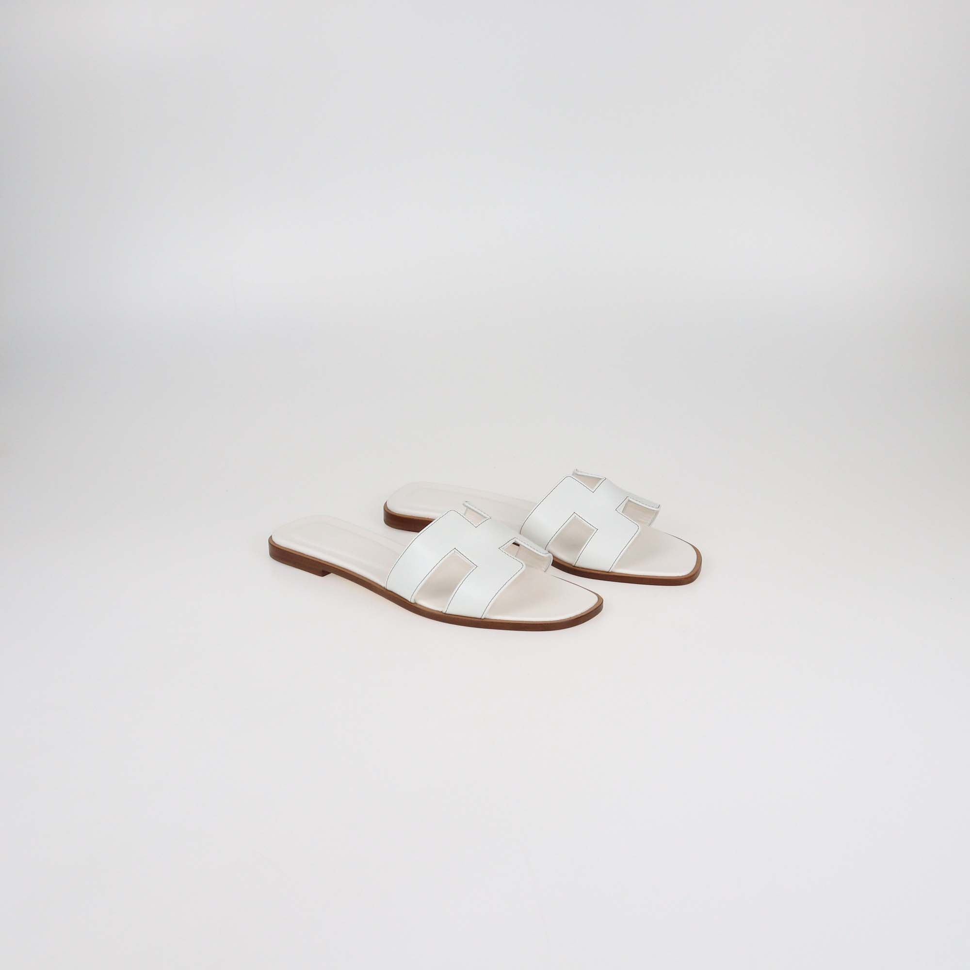 Hermes White Leather Oran Sandals