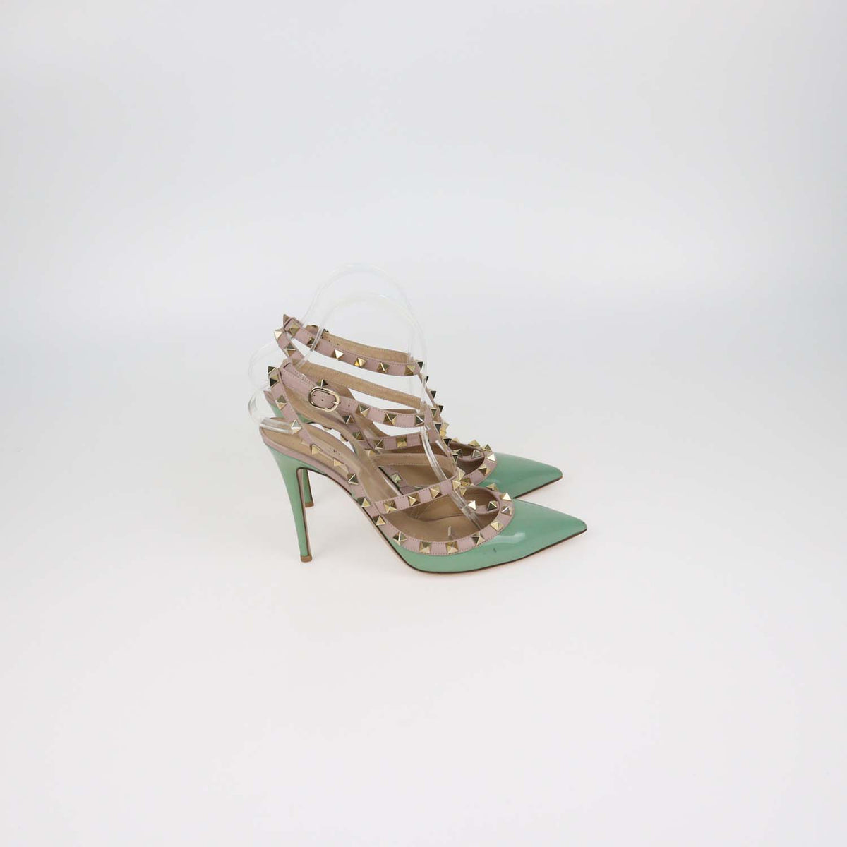 Valentino Green,Beige Patent Leather and Leather Rockstud Caged Ankle Strap Pumps
