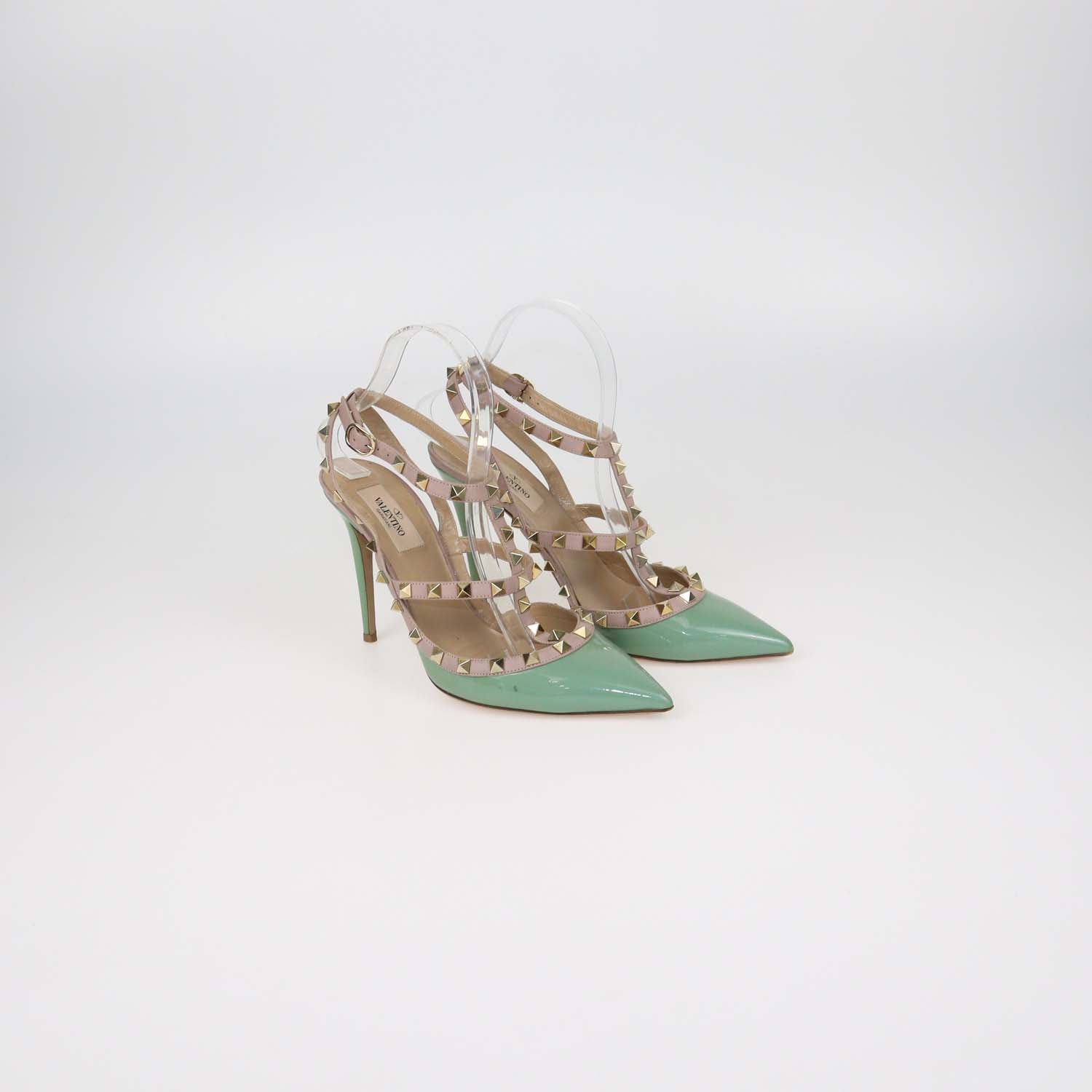 Valentino Green,Beige Patent Leather and Leather Rockstud Caged Ankle Strap Pumps