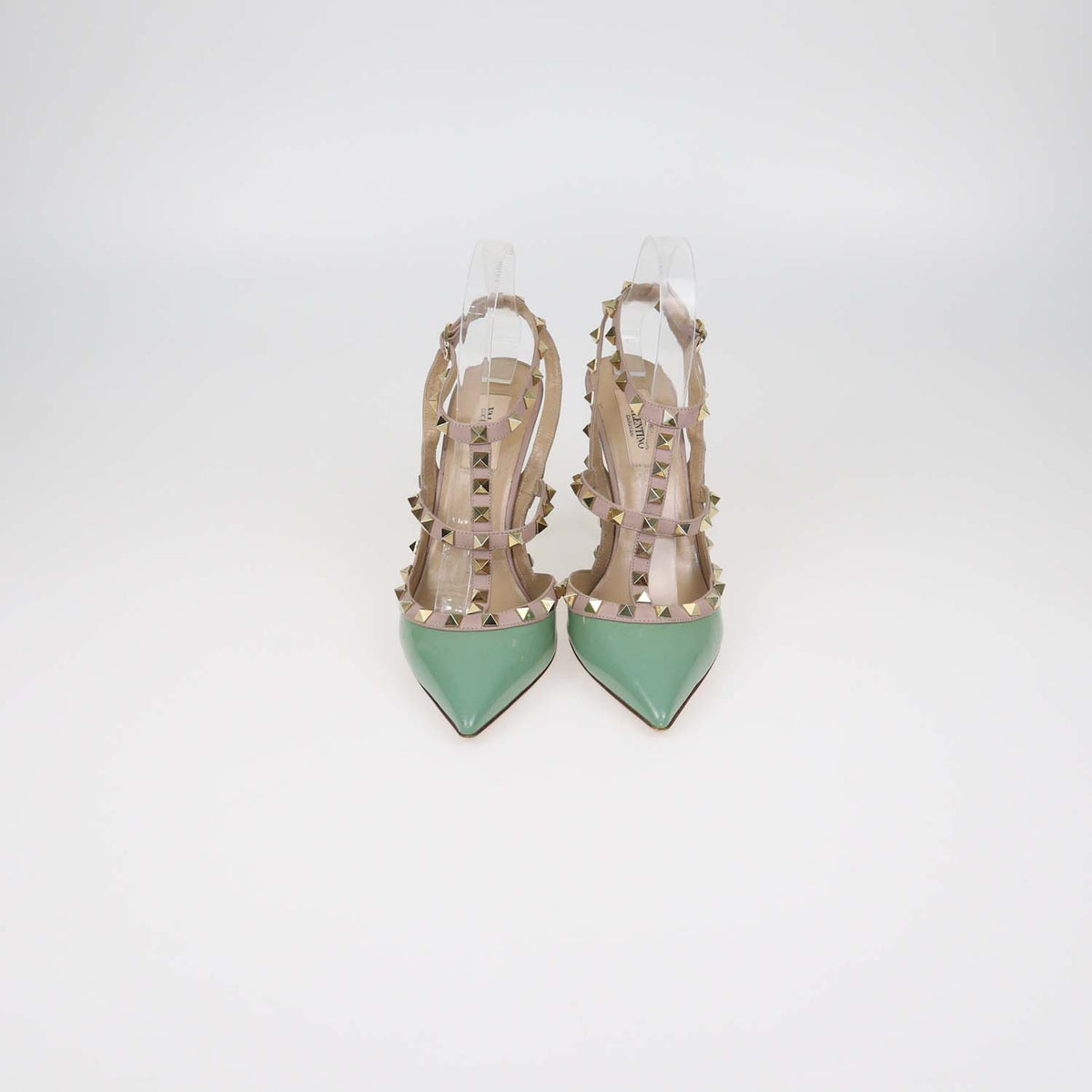 Valentino Green,Beige Patent Leather and Leather Rockstud Caged Ankle Strap Pumps