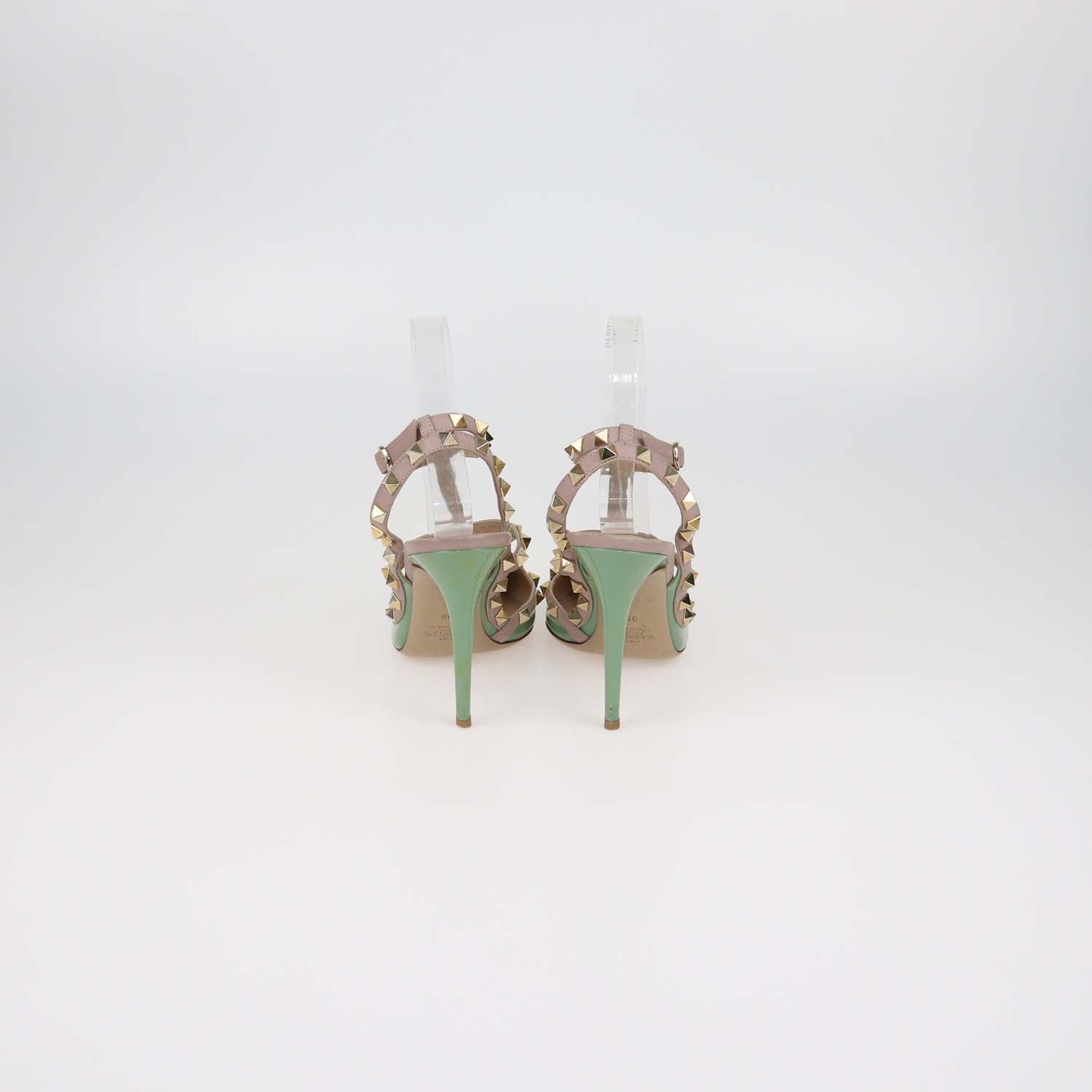 Valentino Green,Beige Patent Leather and Leather Rockstud Caged Ankle Strap Pumps