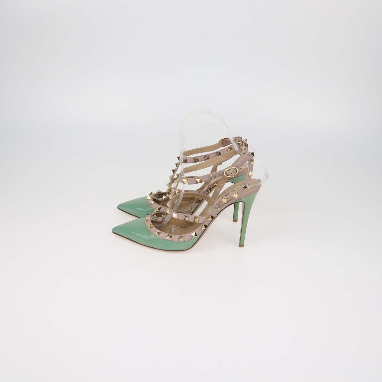 Valentino Green,Beige Patent Leather and Leather Rockstud Caged Ankle Strap Pumps