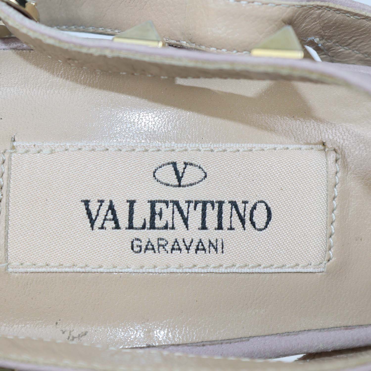 Valentino Green,Beige Patent Leather and Leather Rockstud Caged Ankle Strap Pumps