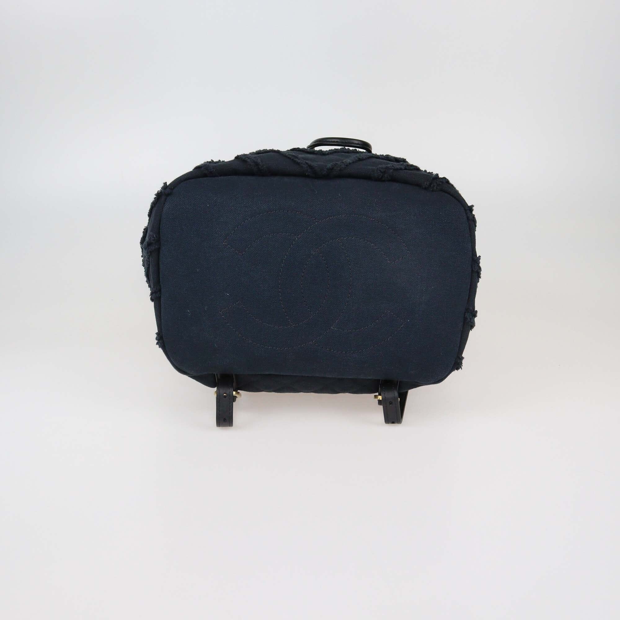 Chanel Navy Blue Chevron Denim Medium Drawstring Patchwork Backpack Womens Chanel
