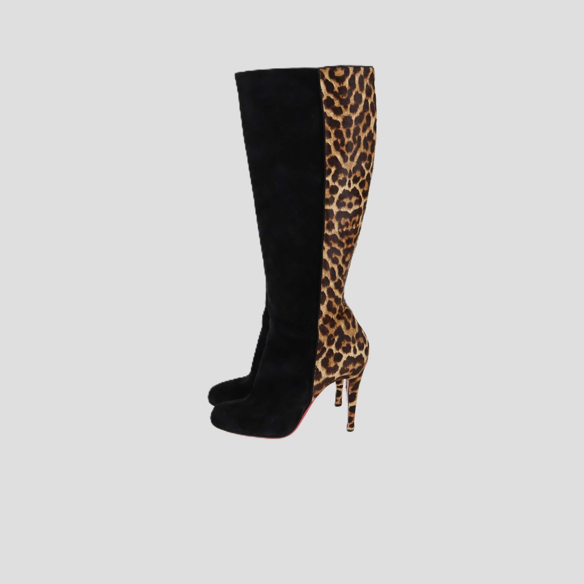 Christian Louboutin Black/Brown Leopard Print Calf Hair and Suede Acheval 100 Boots