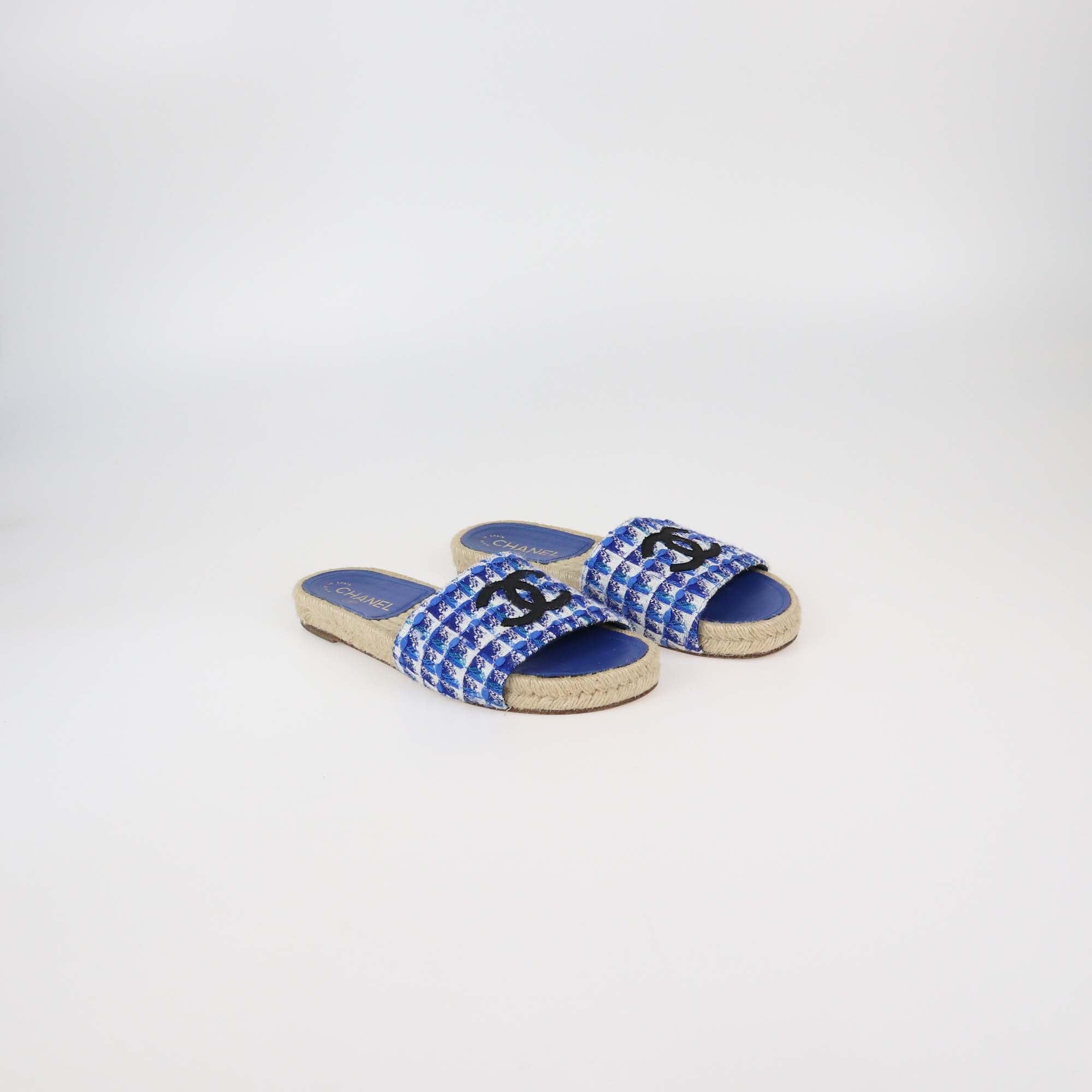 Chanel Blue Tweed CC Espadrille Flat Slides Womens Chanel