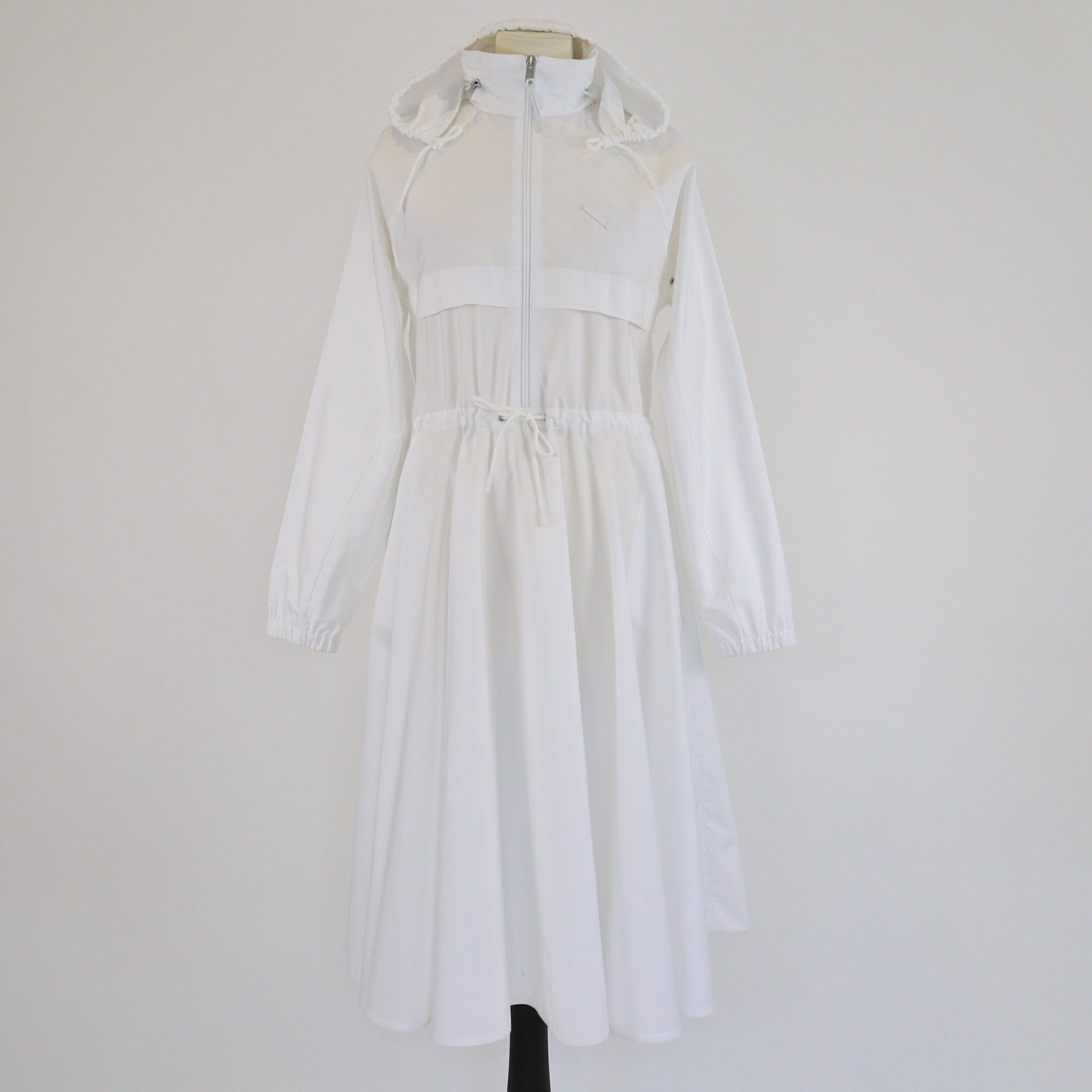 Prada White Poplin Drawstring Waist Hooded Midi Dress Womens Prada