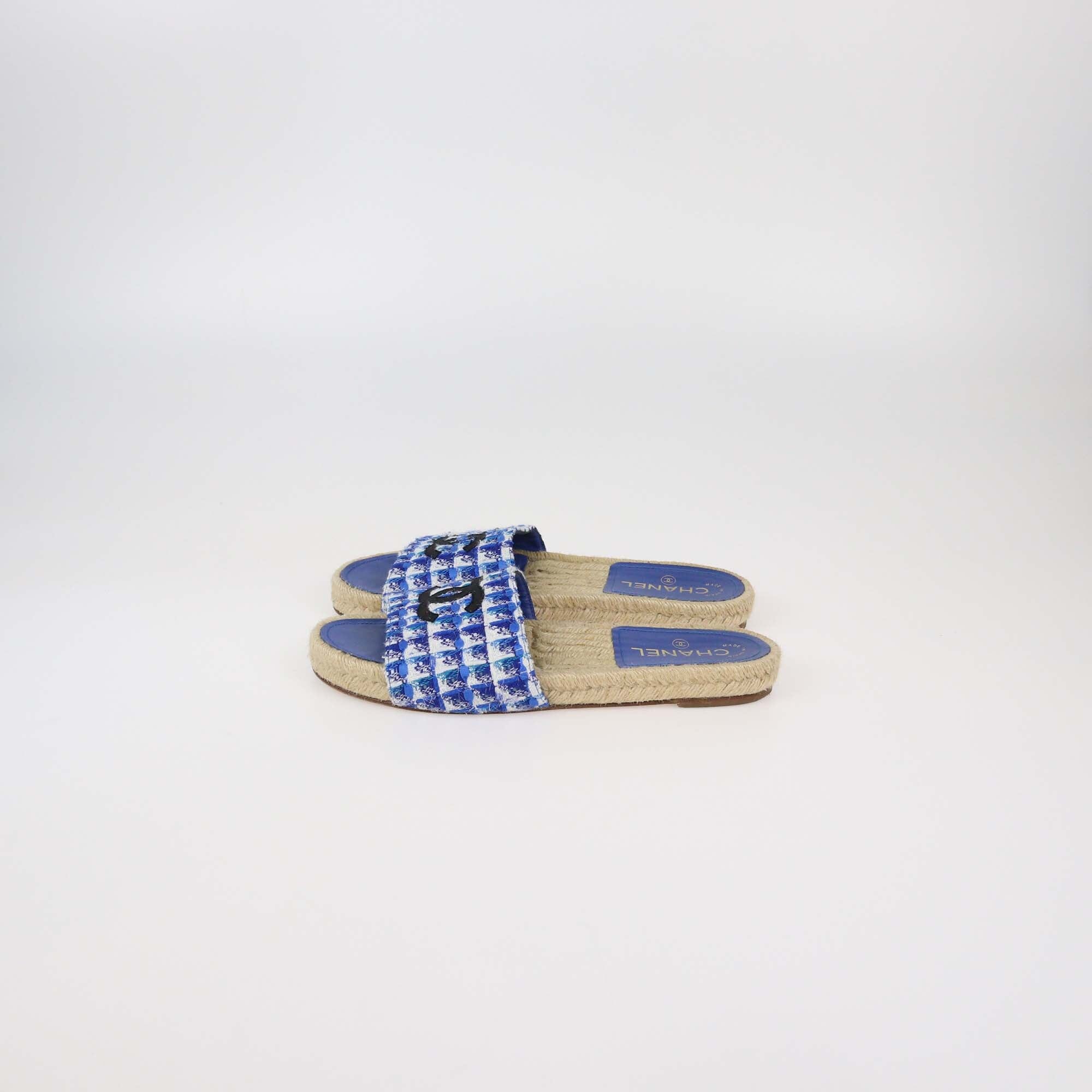 Chanel Blue Tweed CC Espadrille Flat Slides Womens Chanel