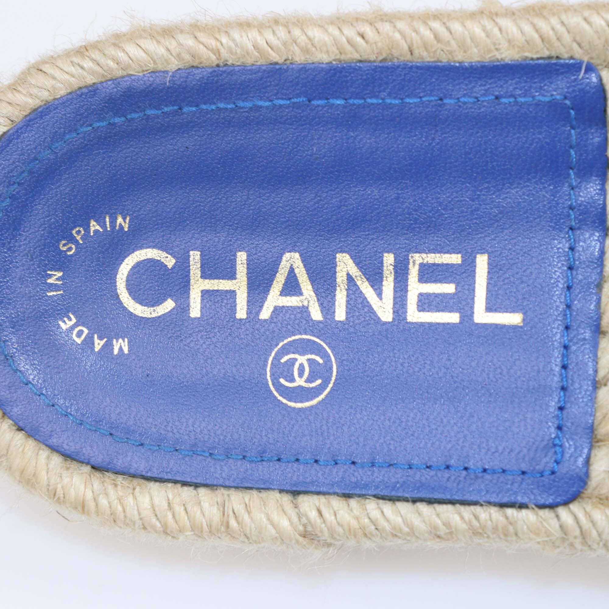 Chanel Blue Tweed CC Espadrille Flat Slides Womens Chanel
