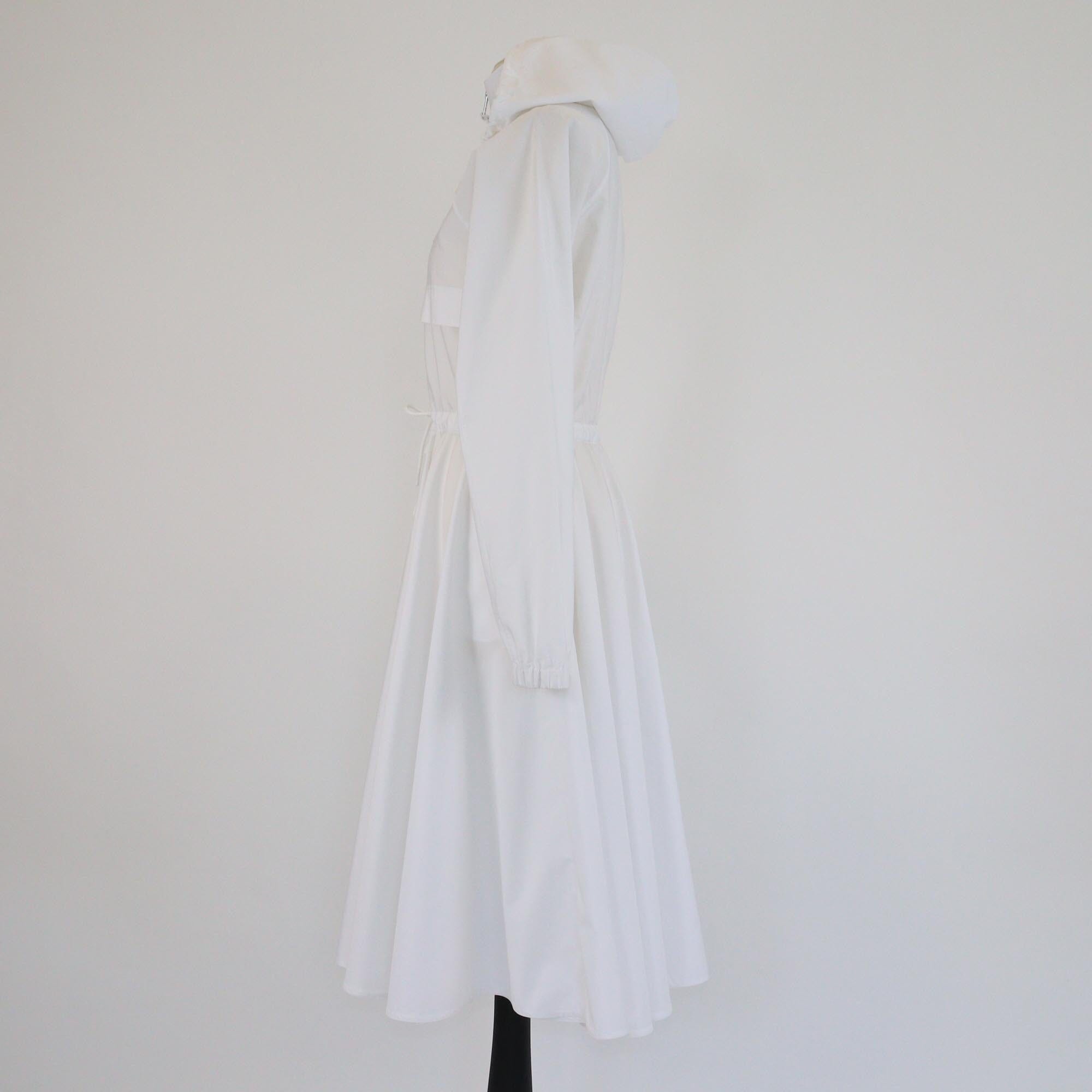 Prada White Poplin Drawstring Waist Hooded Midi Dress Womens Prada