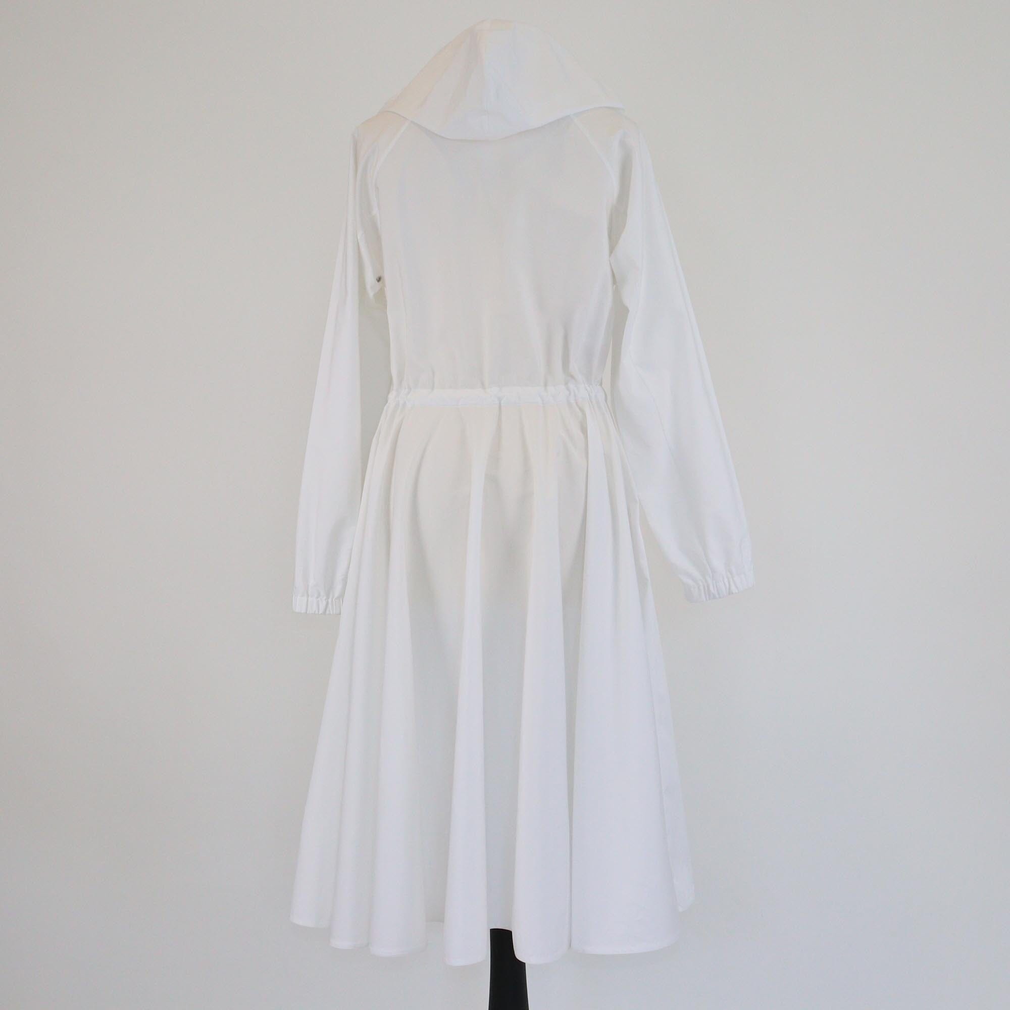 Prada White Poplin Drawstring Waist Hooded Midi Dress Womens Prada