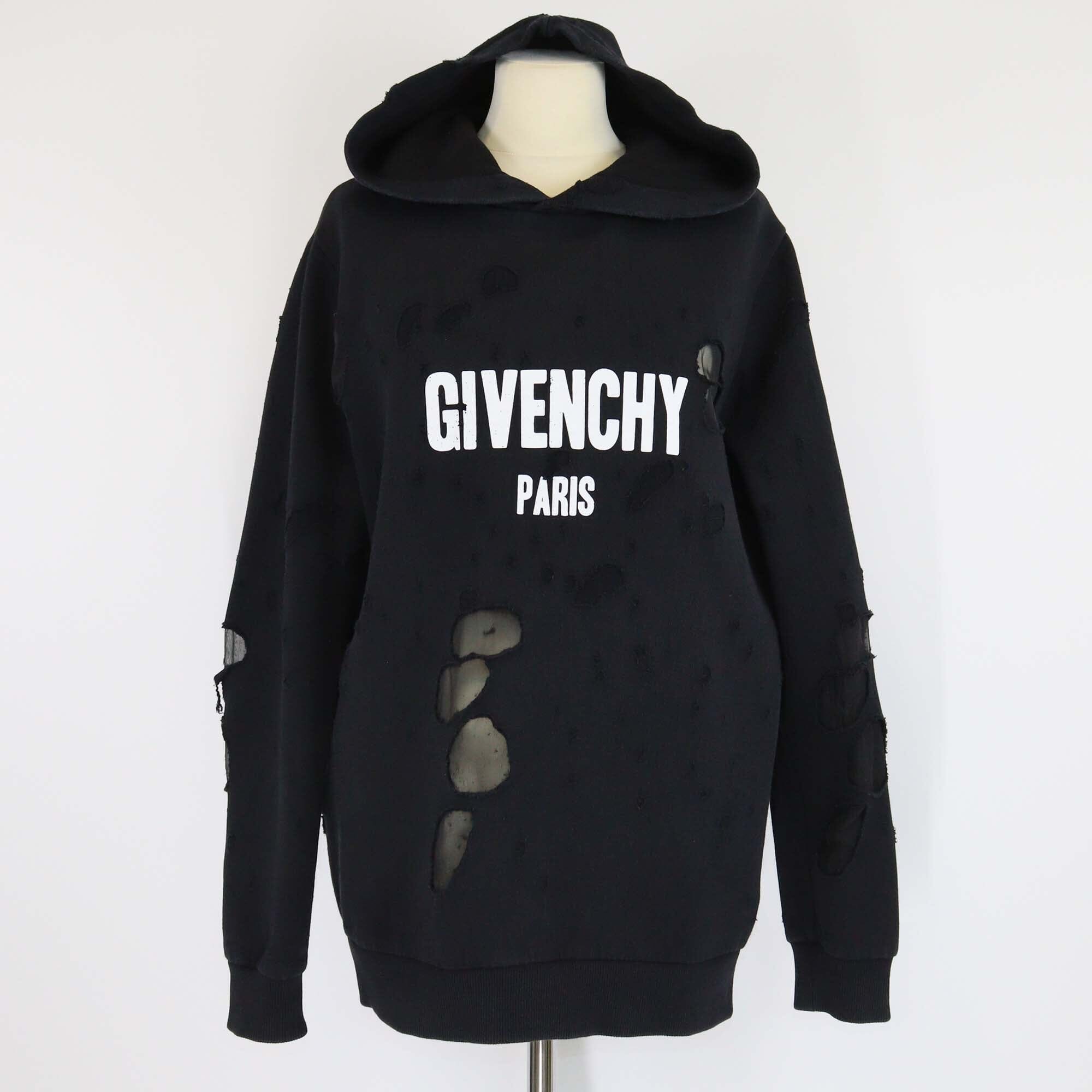 Givenchy Black Logo Print Cotton Distressed Cuban Fit Hoodie Sweatshirt Mens Givenchy