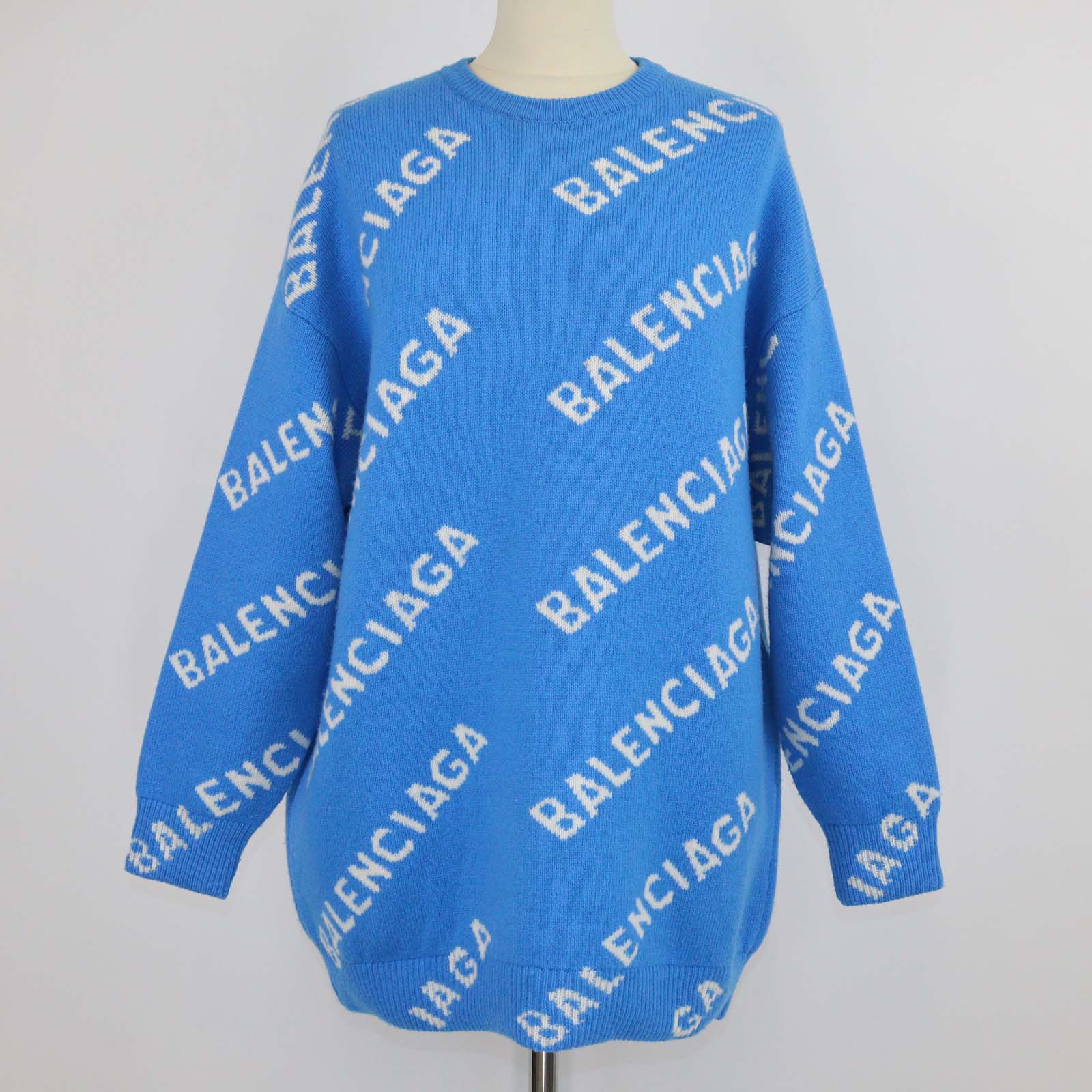 Balenciaga Blue Wool All-Over Logo Knit Sweater