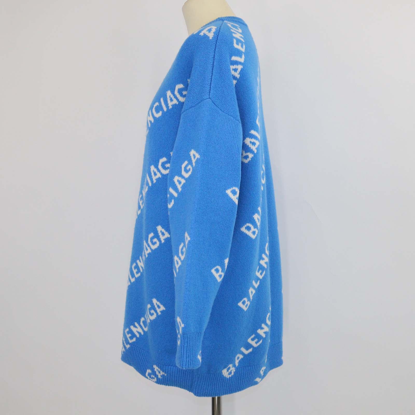 Balenciaga Blue Wool All-Over Logo Knit Sweater