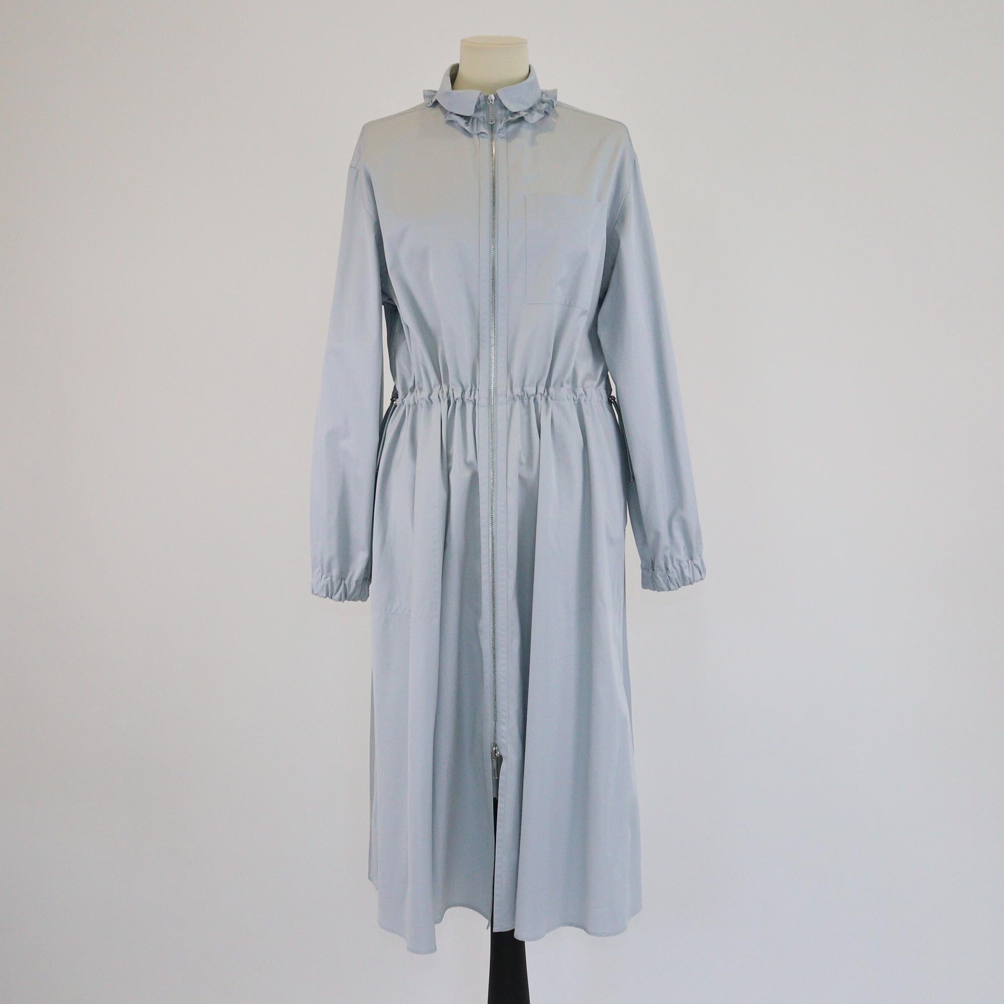 Hermes Bleu Givre Ruffled Neck Long Sleeve Elastic Midi Dress Womens Hermes