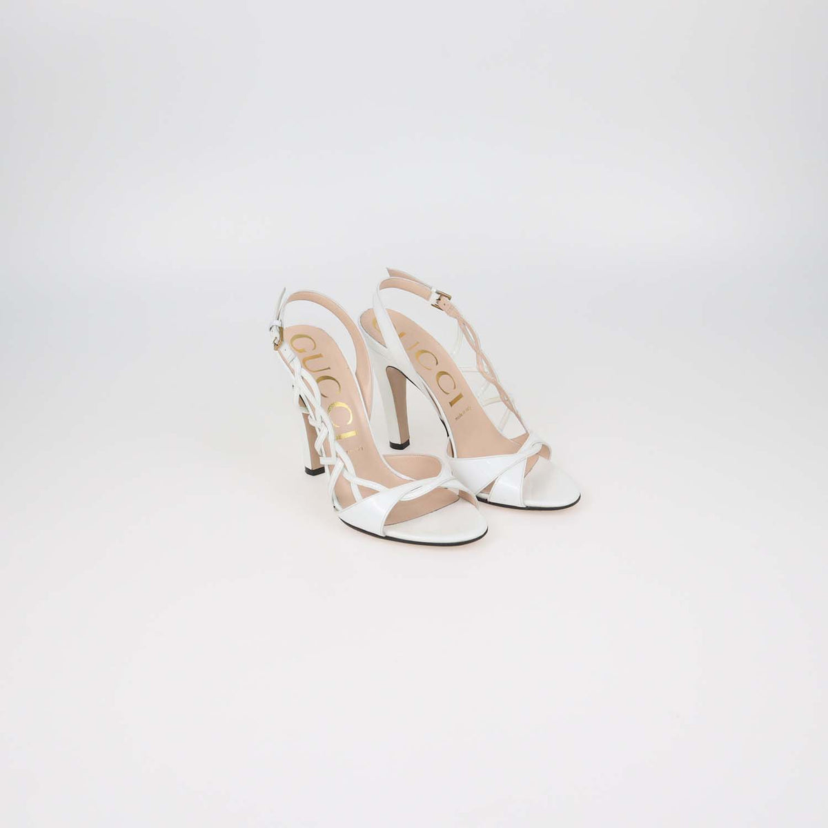 Gucci White Patent Leather Cutout Detailed Slingback Sandals