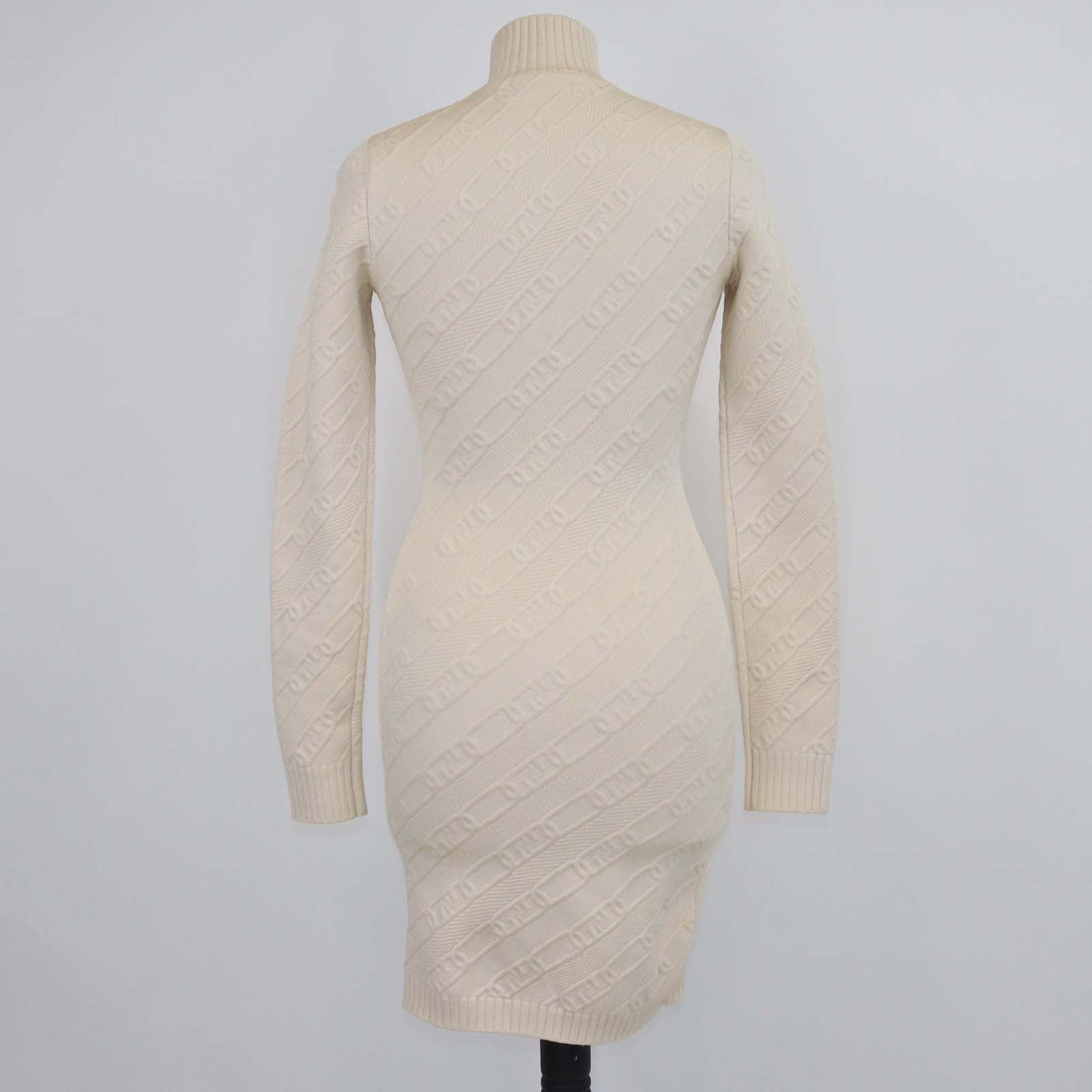 Fendi Beige FF Chain Embossed Knitted Zip Bodycon Long Sleeve Midi Dress