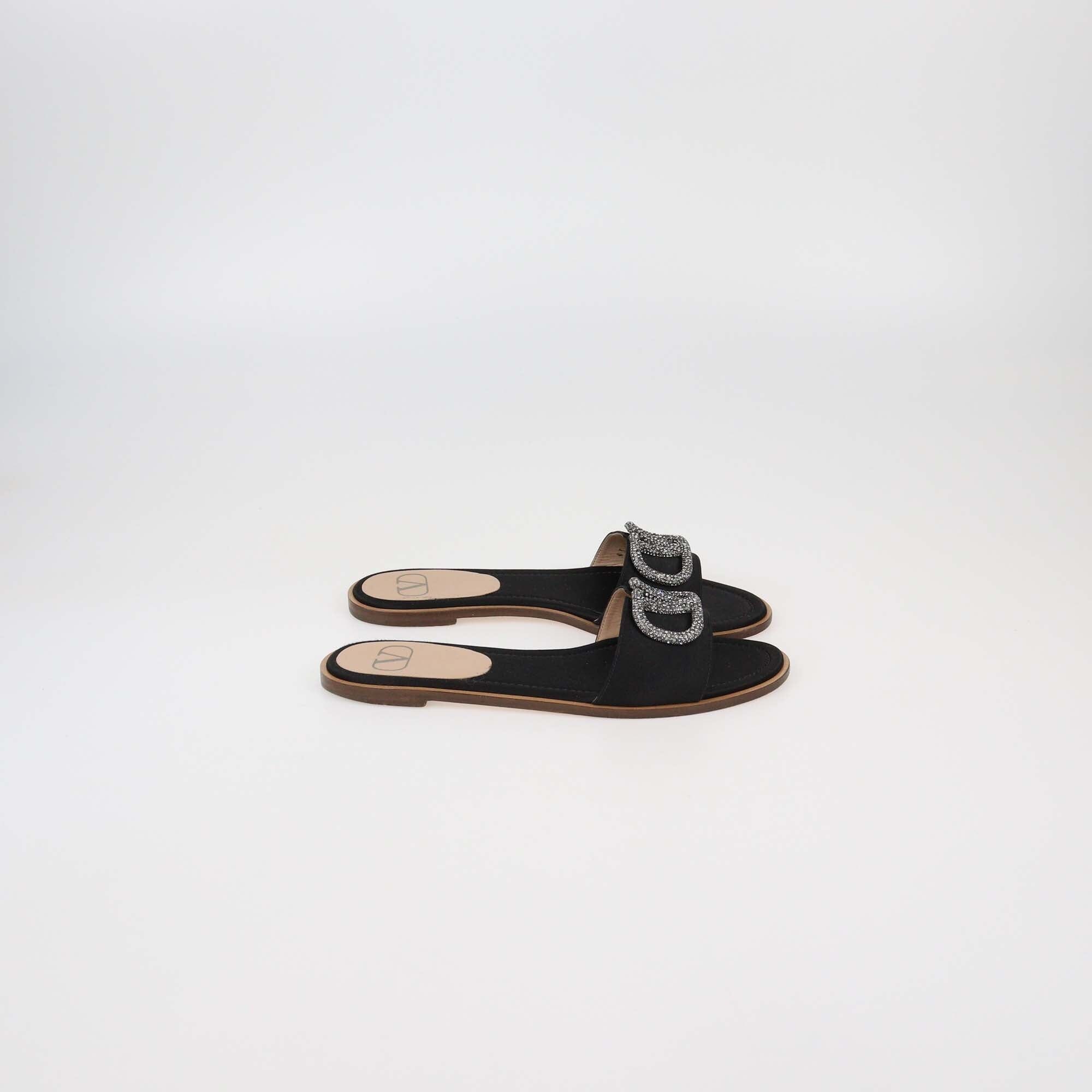 Valentino Black Satin VLogo Glow Flat Slides Womens Valentino