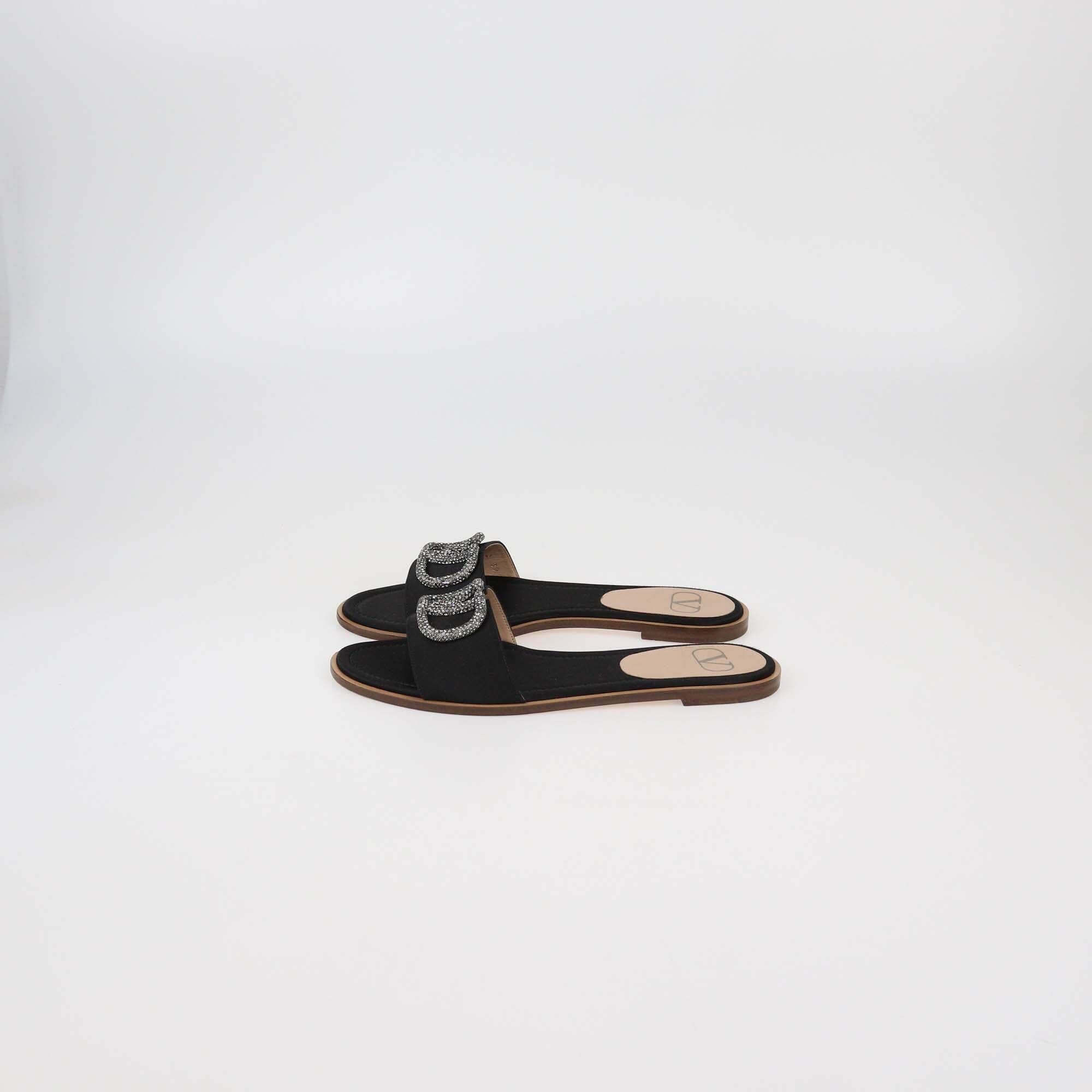 Valentino Black Satin VLogo Glow Flat Slides Womens Valentino