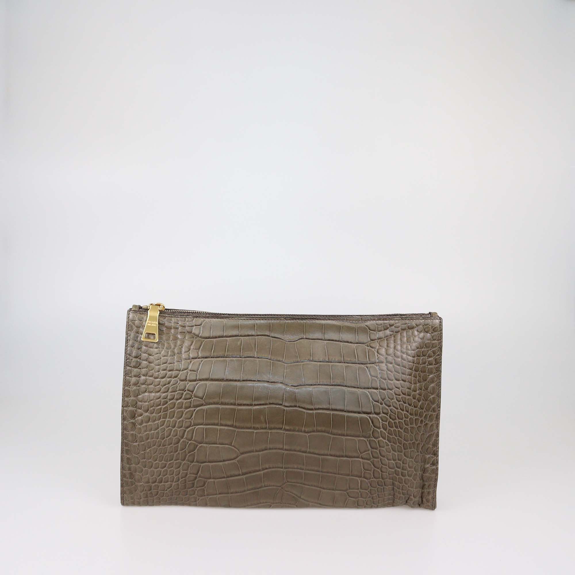 Prada Olive Green Alligator Zip Pouch