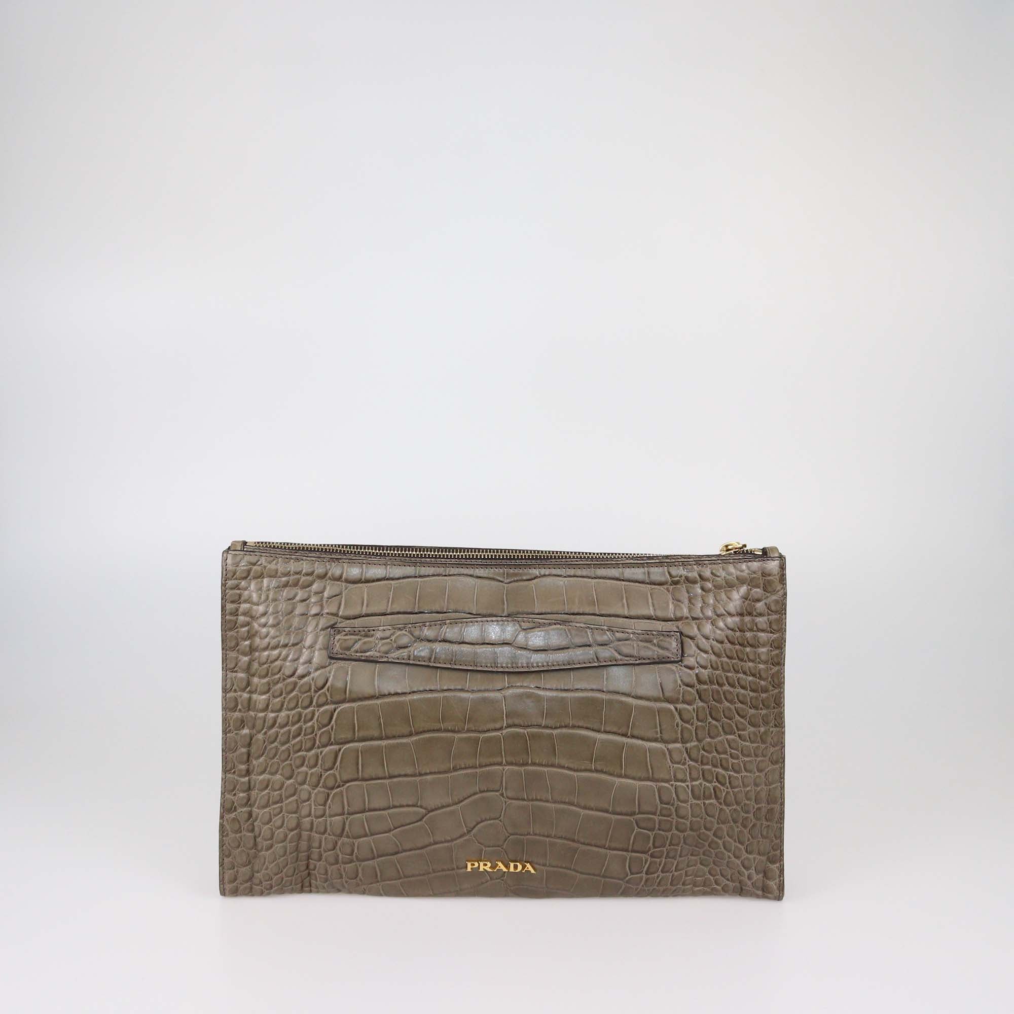 Prada Olive Green Alligator Zip Pouch