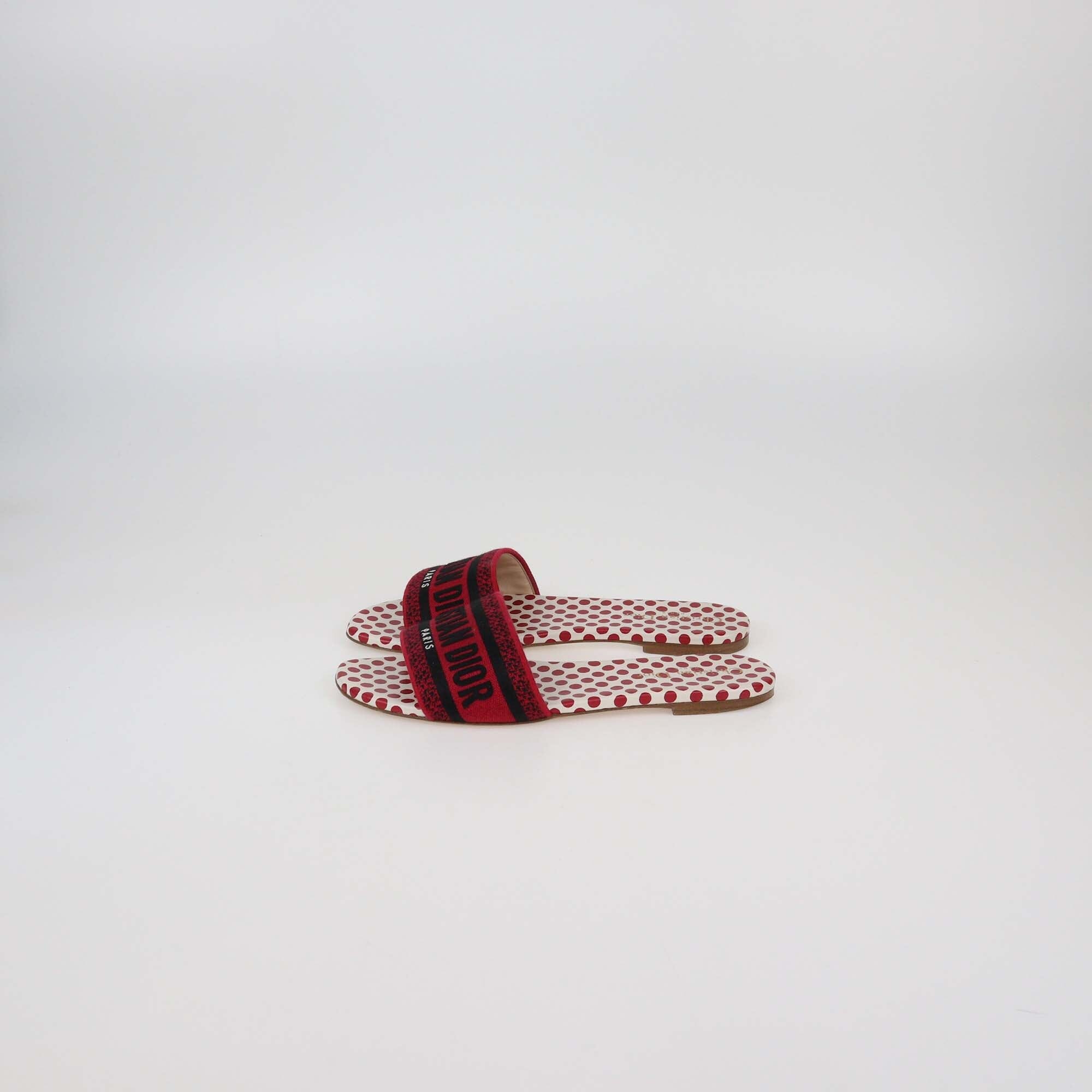 Christian Dior Red Polka Dot Canvas Dway Embroidered Sandals Womens Christian Dior