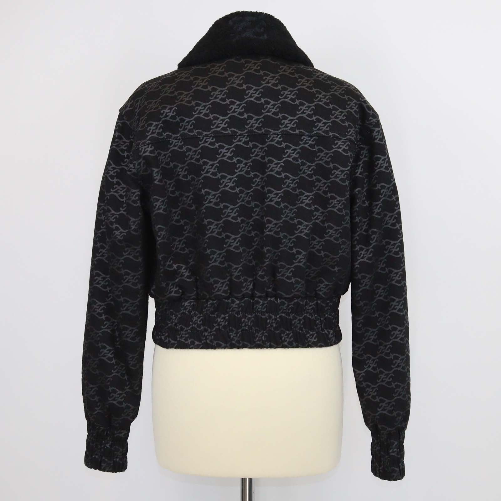 Fendi Black FF Denim Print & Detachable Shearling Collar Zip Jacket
