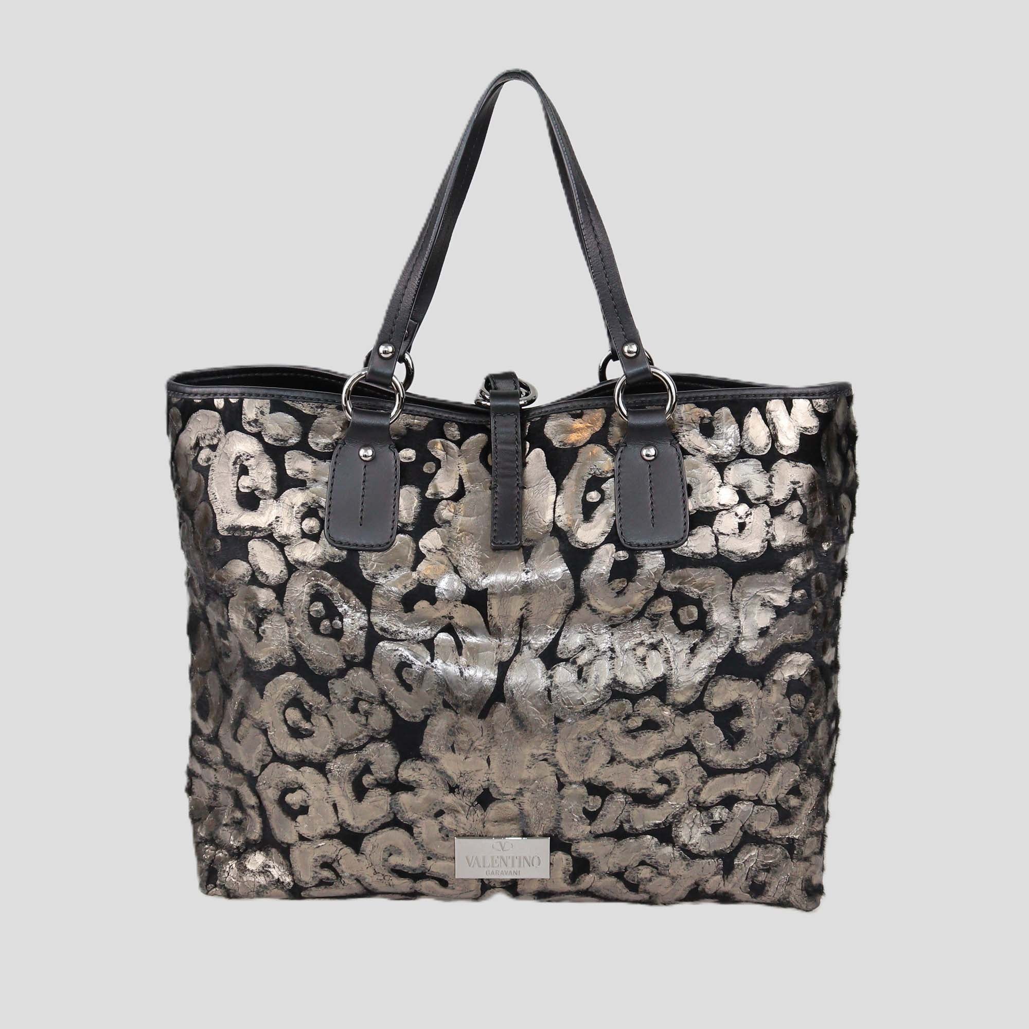 Valentino Black/Metallic Animal Print Effect Calf Hair Shopping Tote