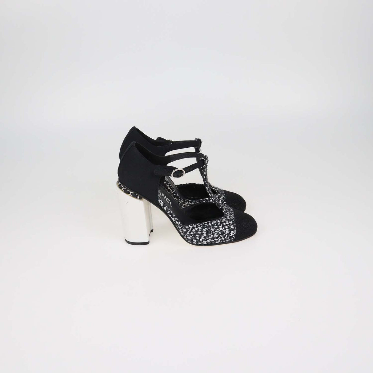 Chanel Black,Metallic Grey Tweed and Fabric T-Bar Ankle Strap Pumps