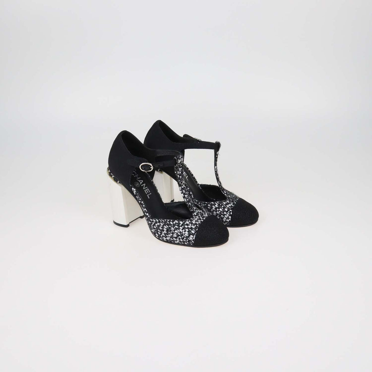 Chanel Black,Metallic Grey Tweed and Fabric T-Bar Ankle Strap Pumps