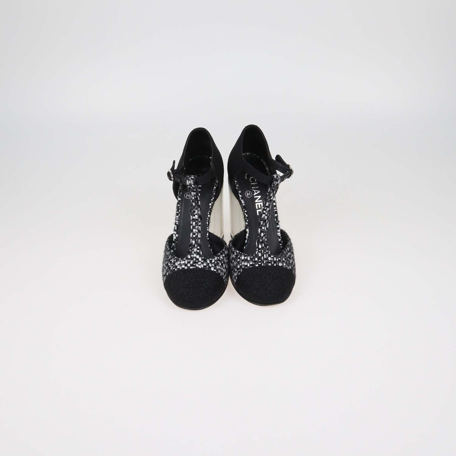 Chanel Black,Metallic Grey Tweed and Fabric T-Bar Ankle Strap Pumps