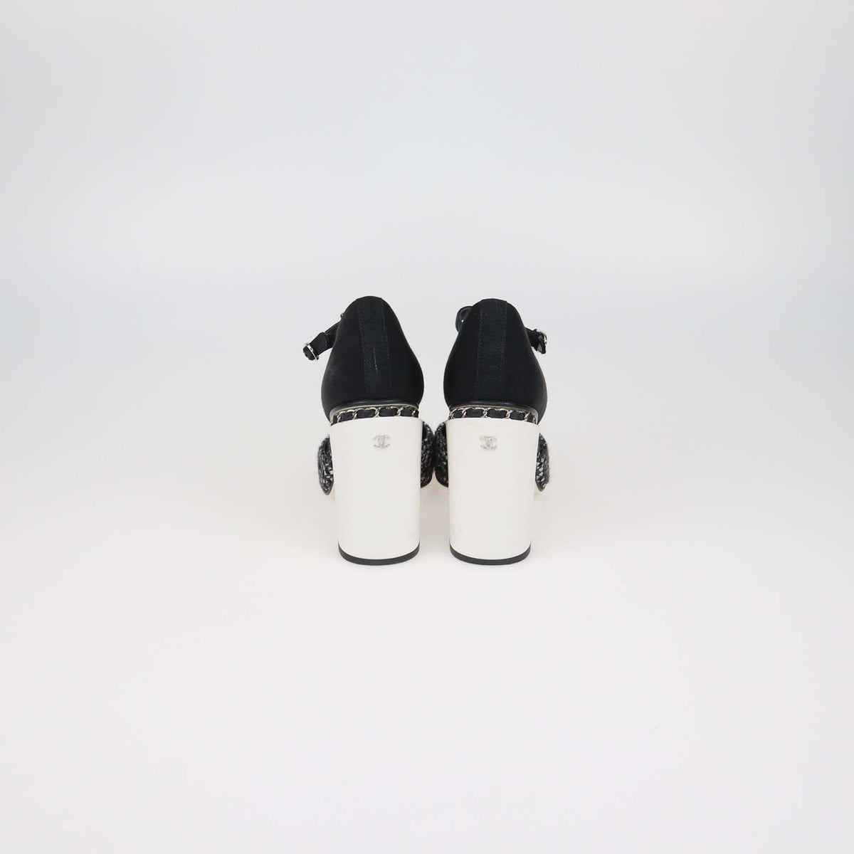 Chanel Black,Metallic Grey Tweed and Fabric T-Bar Ankle Strap Pumps