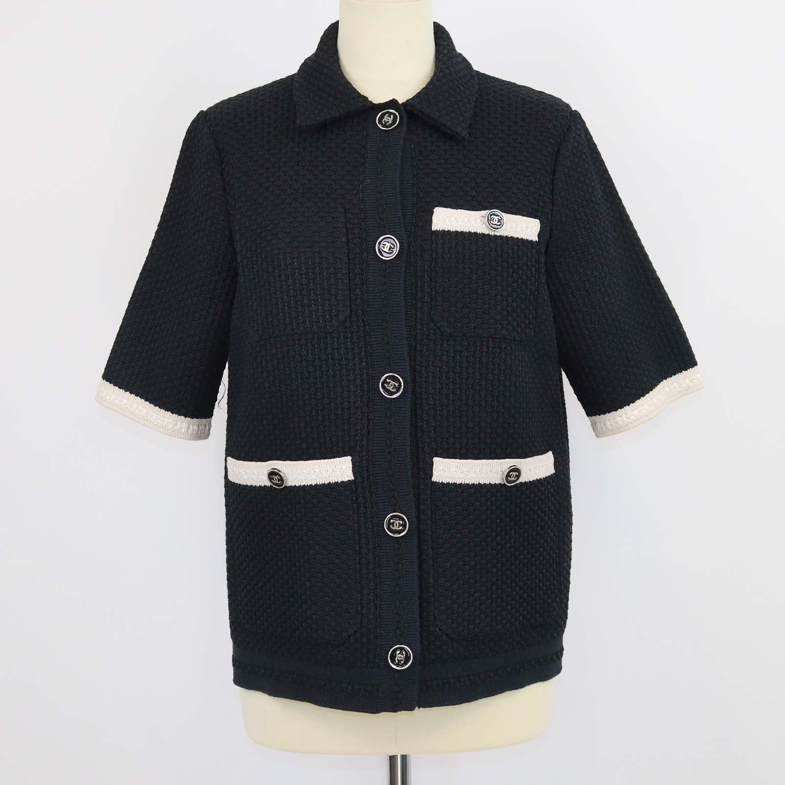 Chanel Black/Beige Blend Cotton Knitted Short Sleeve Cardigan