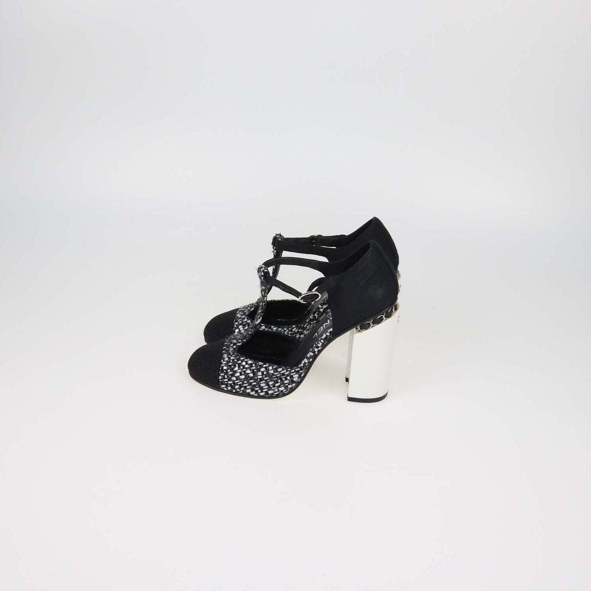 Chanel Black,Metallic Grey Tweed and Fabric T-Bar Ankle Strap Pumps