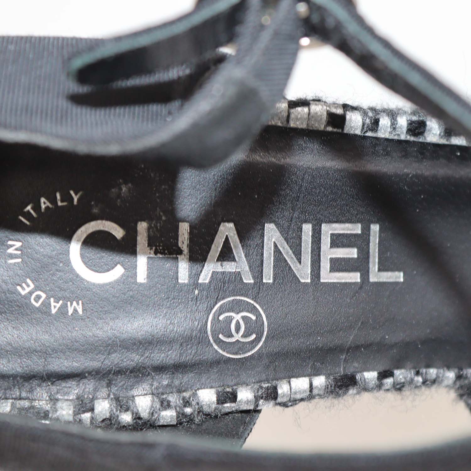 Chanel Black,Metallic Grey Tweed and Fabric T-Bar Ankle Strap Pumps