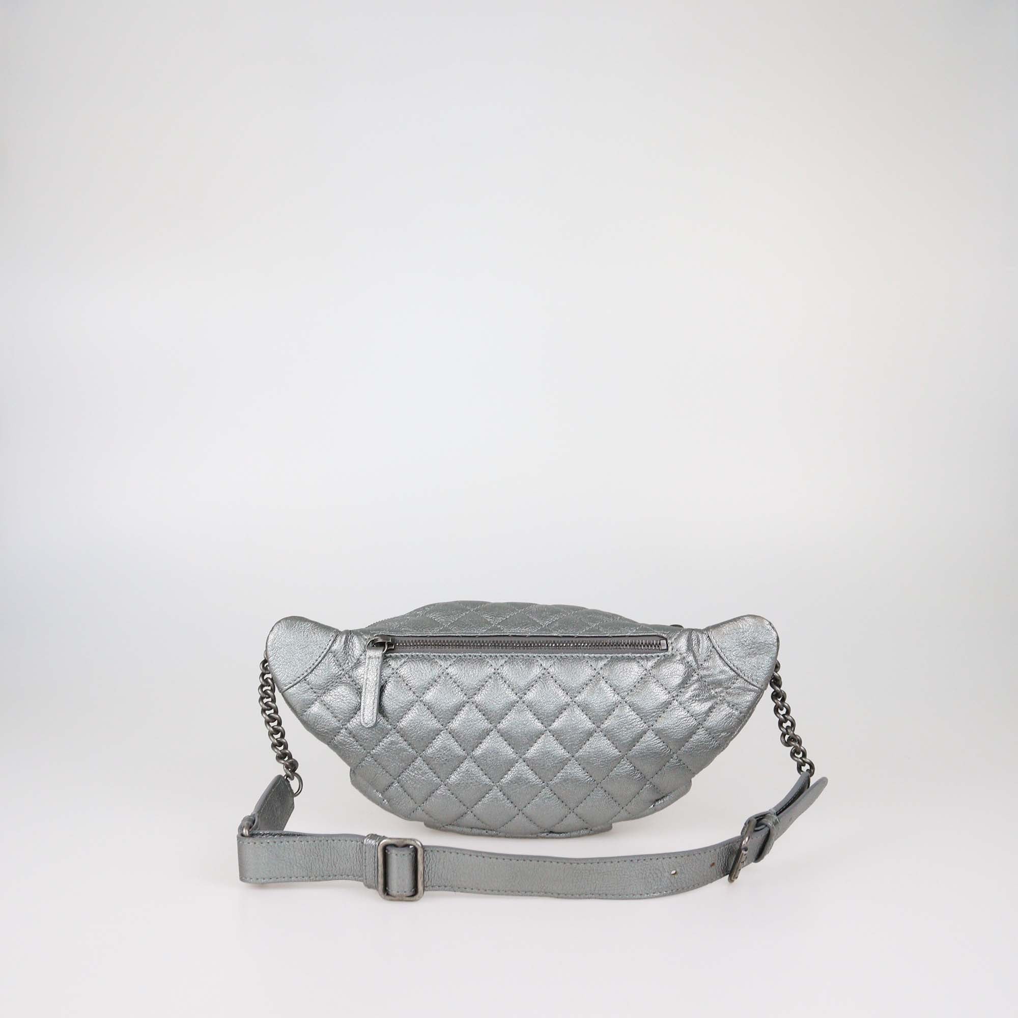 Chanel Metallic Grey Quilted Leather Banane Waist Bag