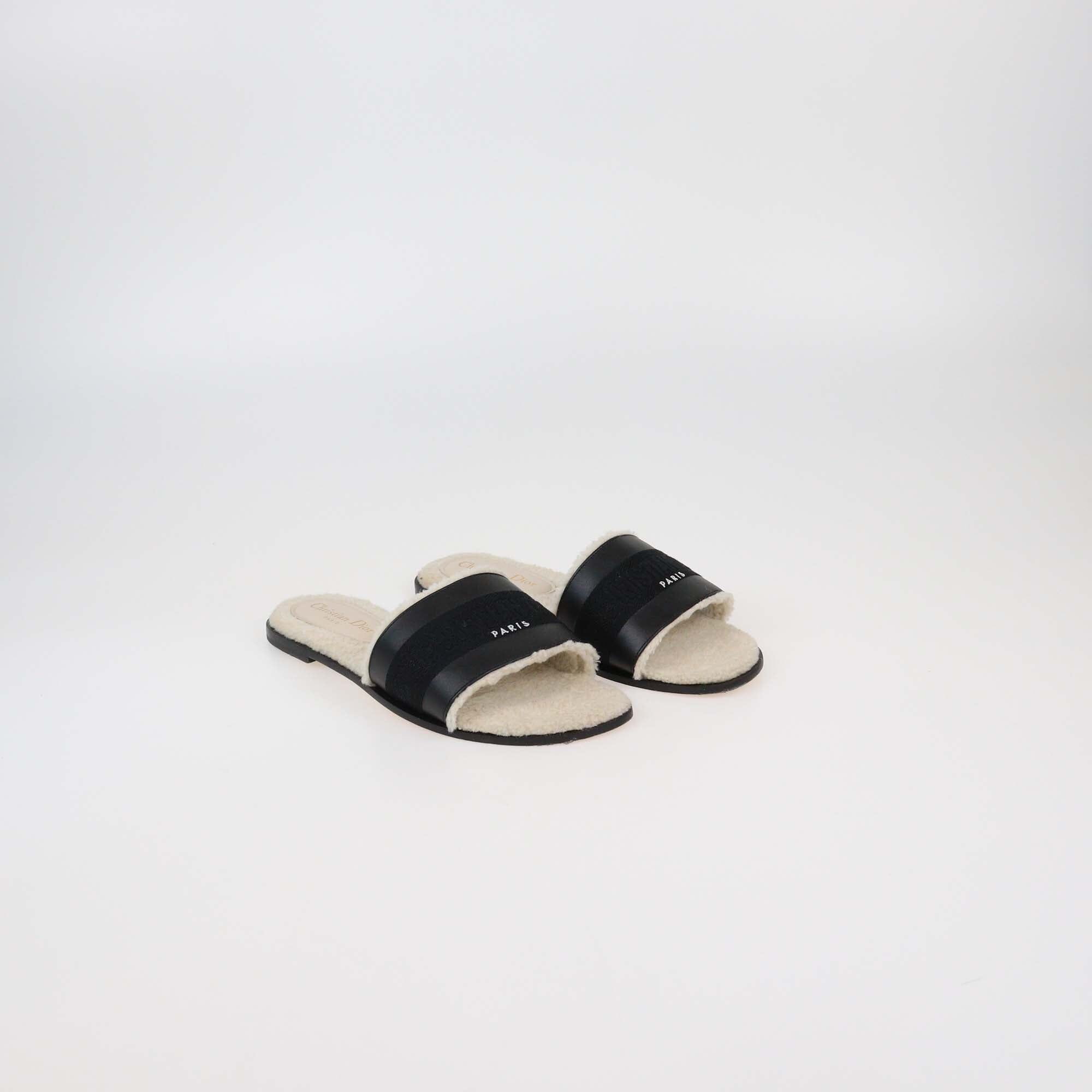Christian Dior Black/Beige Shearling Embroidered Dway Slide Flat Slides Womens Christian Dior