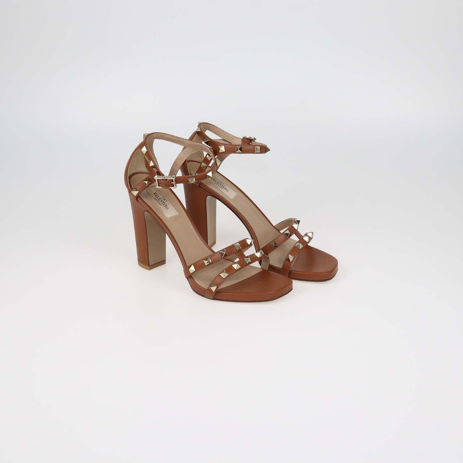 Valentino Brown Leather Rockstud Block Heel Ankle Strap Sandals