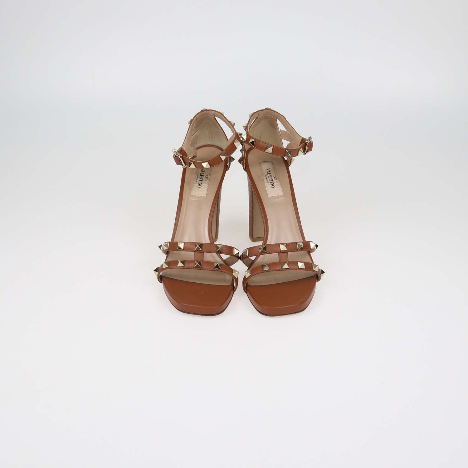 Valentino Brown Leather Rockstud Block Heel Ankle Strap Sandals