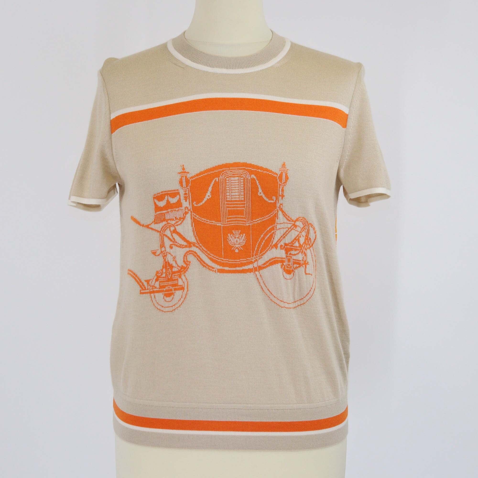 Hermes Beige/Orange Ex-Libris Print Short Sleeve Top Womens Hermes