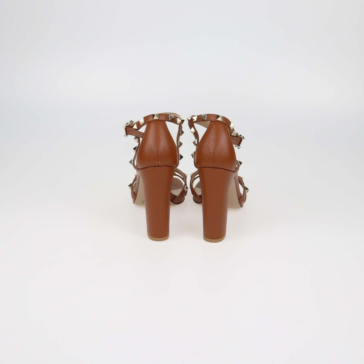 Valentino Brown Leather Rockstud Block Heel Ankle Strap Sandals