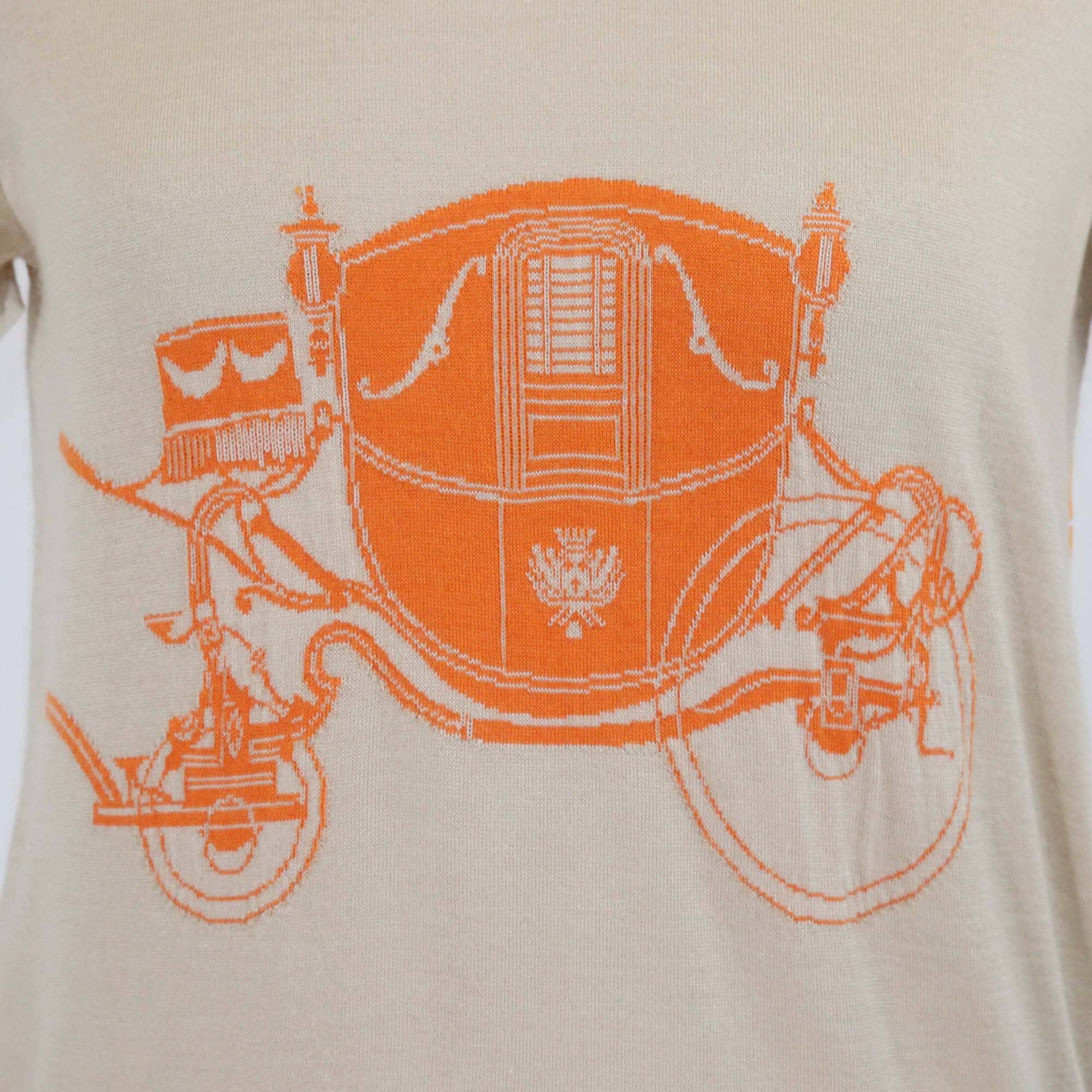 Hermes Beige/Orange Ex-Libris Print Short Sleeve Top Womens Hermes