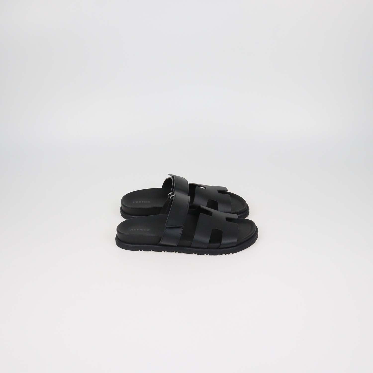 Hermes Black Leather Chypre Sandals