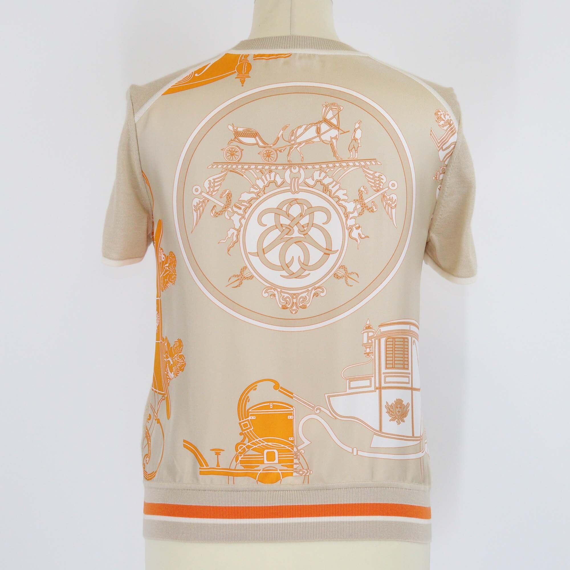 Hermes Beige/Orange Ex-Libris Print Short Sleeve Top Womens Hermes
