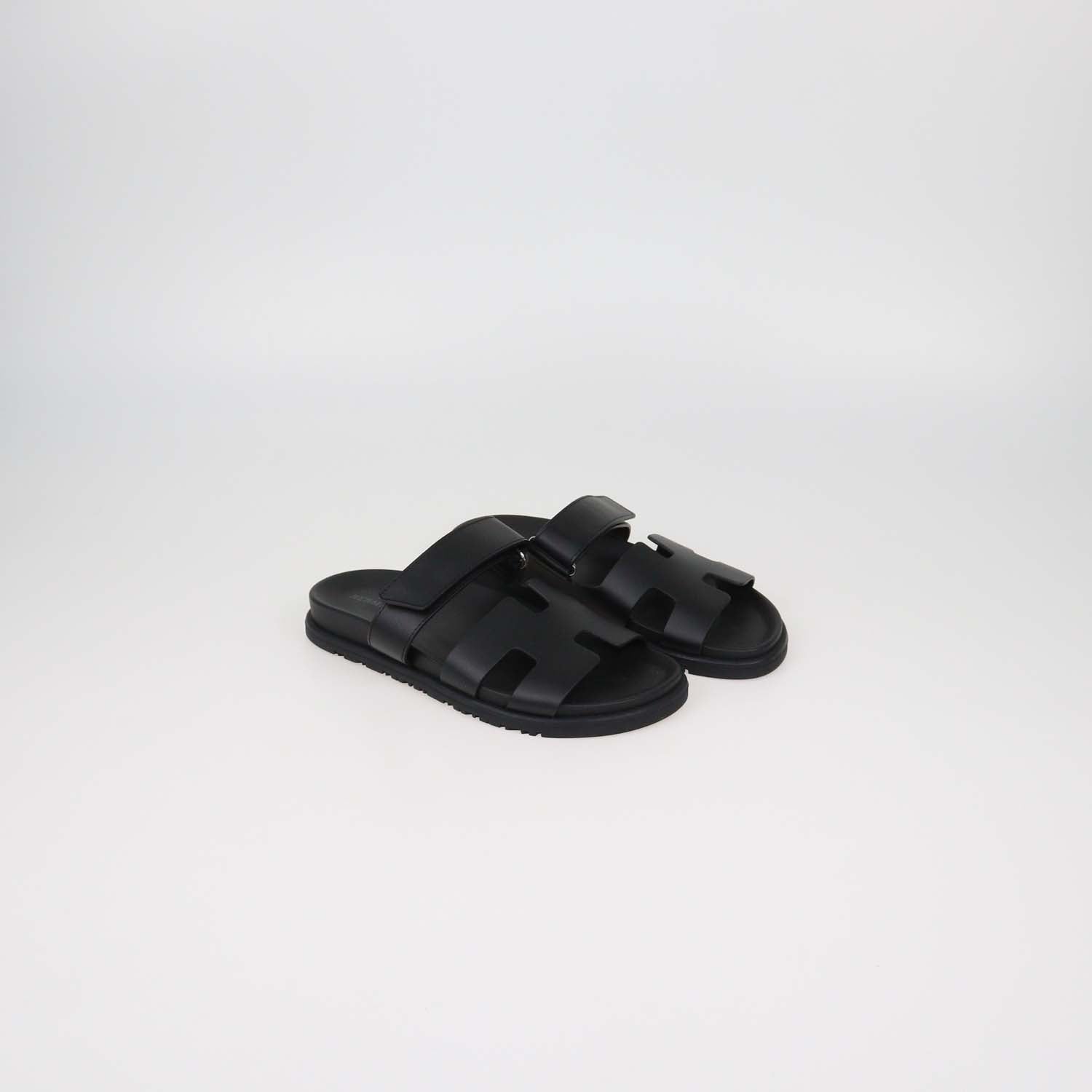 Hermes Black Leather Chypre Sandals