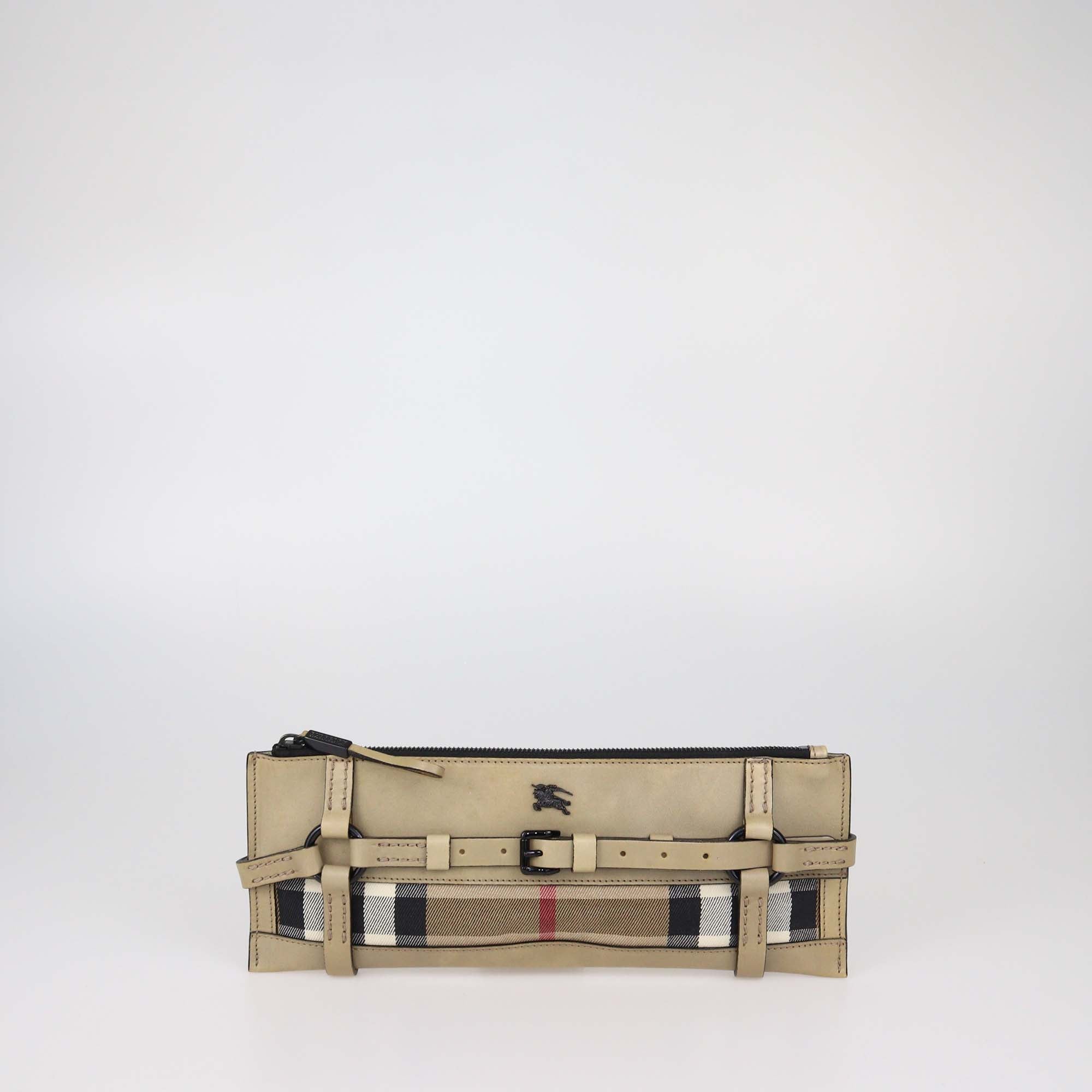 Burberry Beige House Check Leather and Fabric Zip Clutch